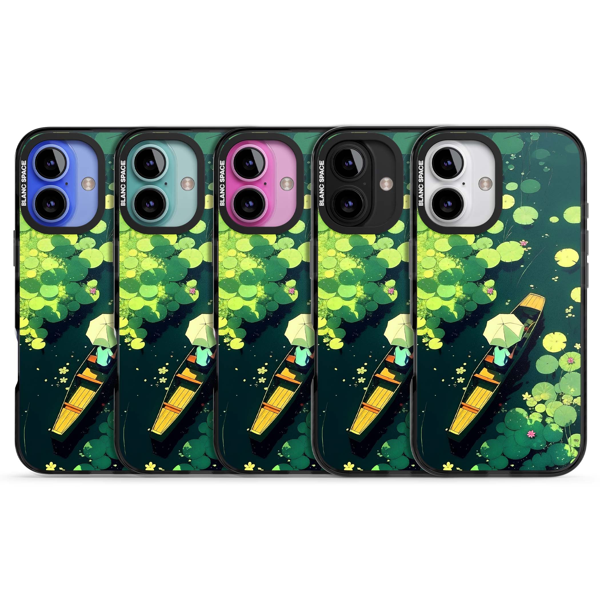 Jade Waters cottagecore iPhone case featuring a painted lily pond, wooden boat with parasol and floating water lilies | Black Impact case for iPhone 16, iPhone 16 Plus