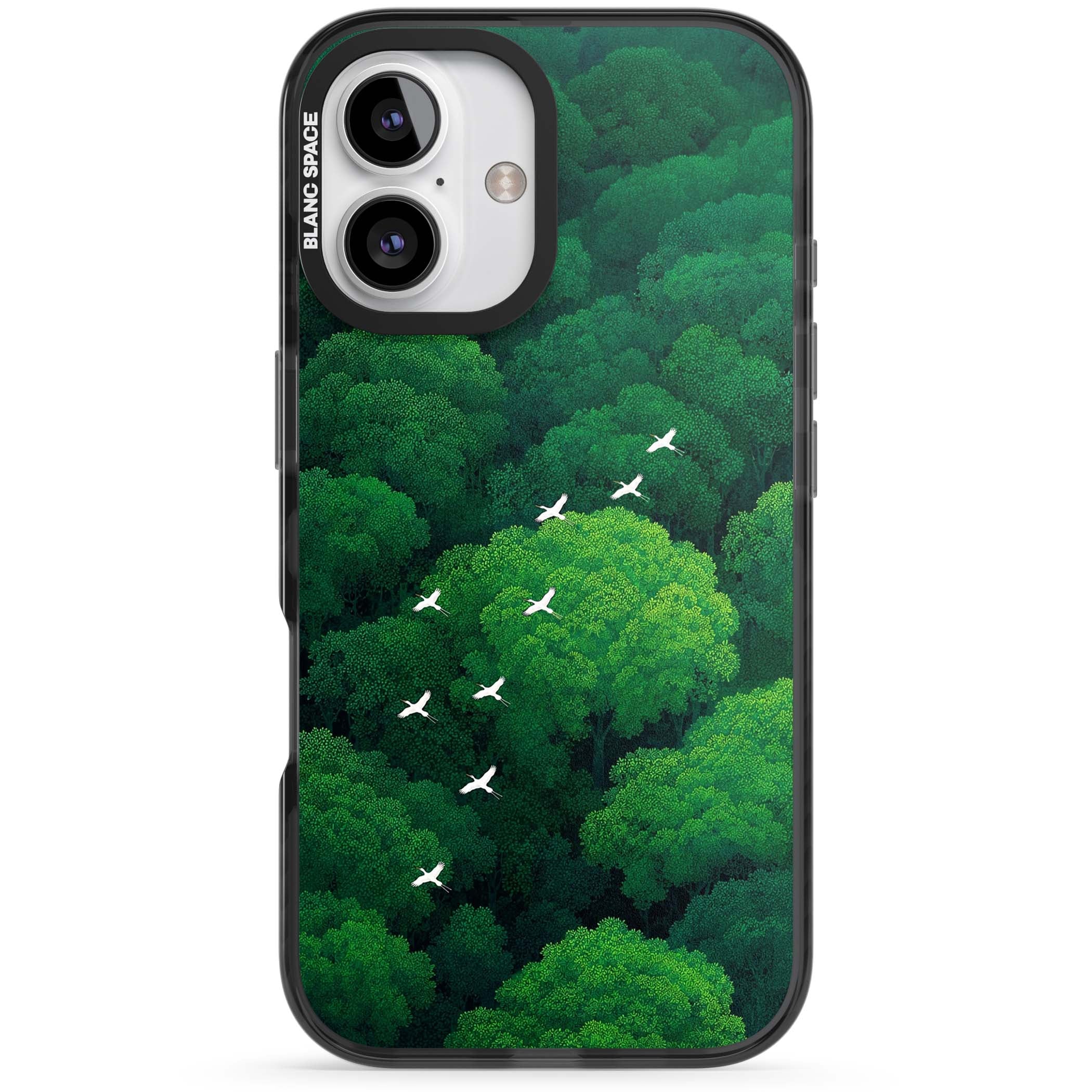 Grove Migration forest iPhone case featuring white cranes flying over lush green treetop canopy | Black Impact case for iPhone 16, iPhone 16 Plus