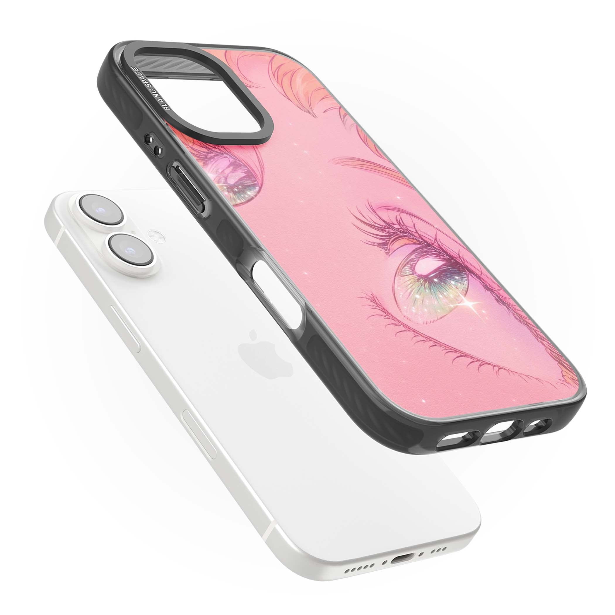 Pink Ethereal Gaze anime iPhone case featuring sparkling manga eyes, coral lashes and dreamy peach sky | Black Impact case for iPhone 16, iPhone 16 Plus