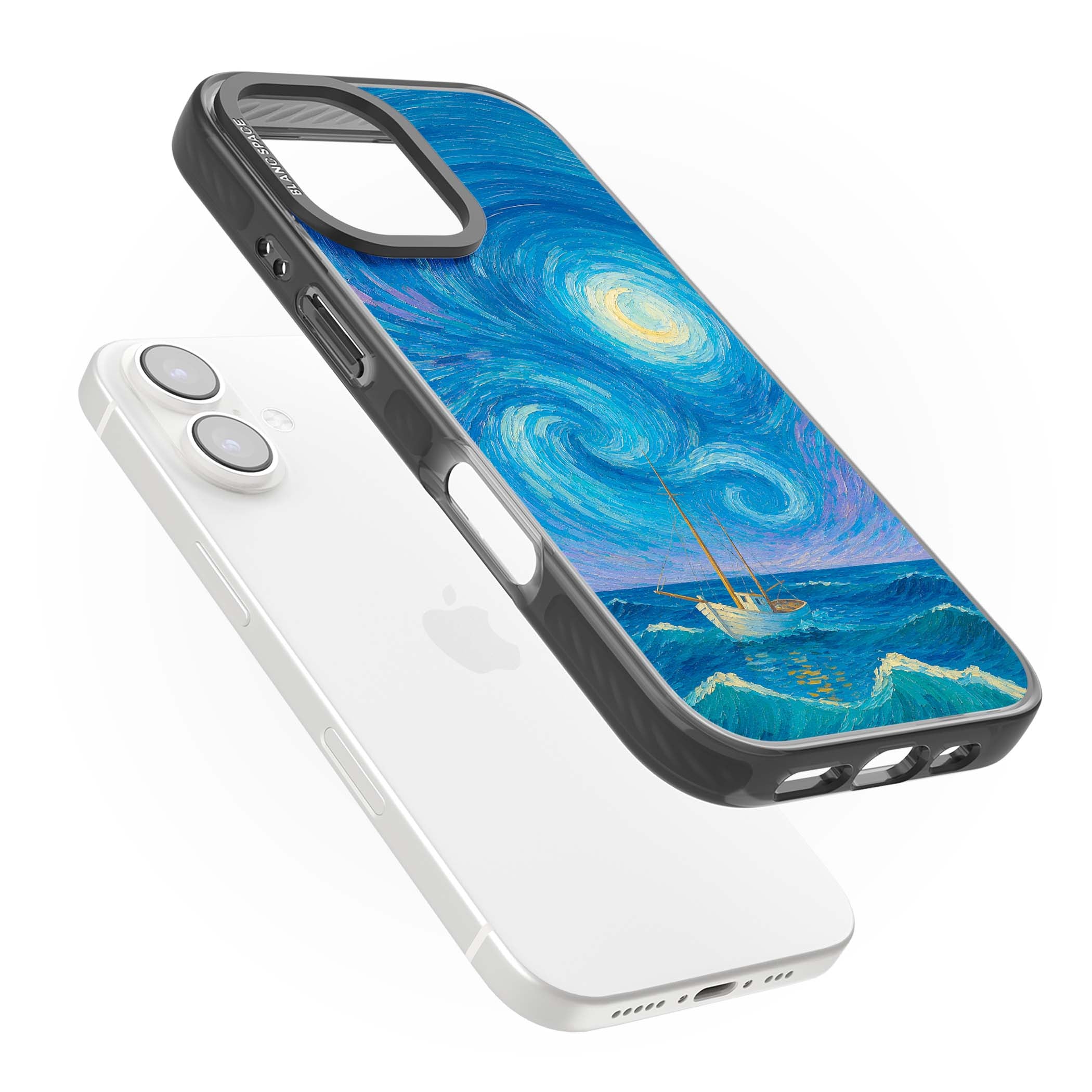 Moonlit Tide Van Gogh art iPhone case featuring swirling starry night sky, glowing moon and lone sailing boat at sea | Black Impact case for iPhone 16, iPhone 16 Plus