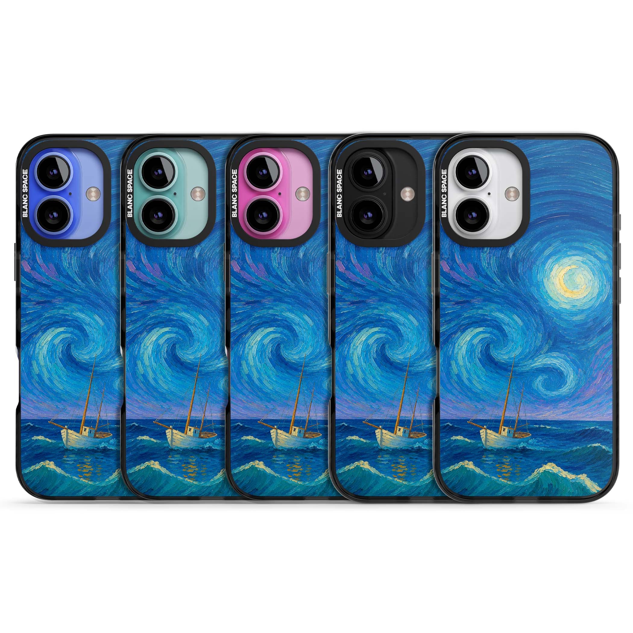 Moonlit Tide Van Gogh art iPhone case featuring swirling starry night sky, glowing moon and lone sailing boat at sea | Black Impact case for iPhone 16, iPhone 16 Plus