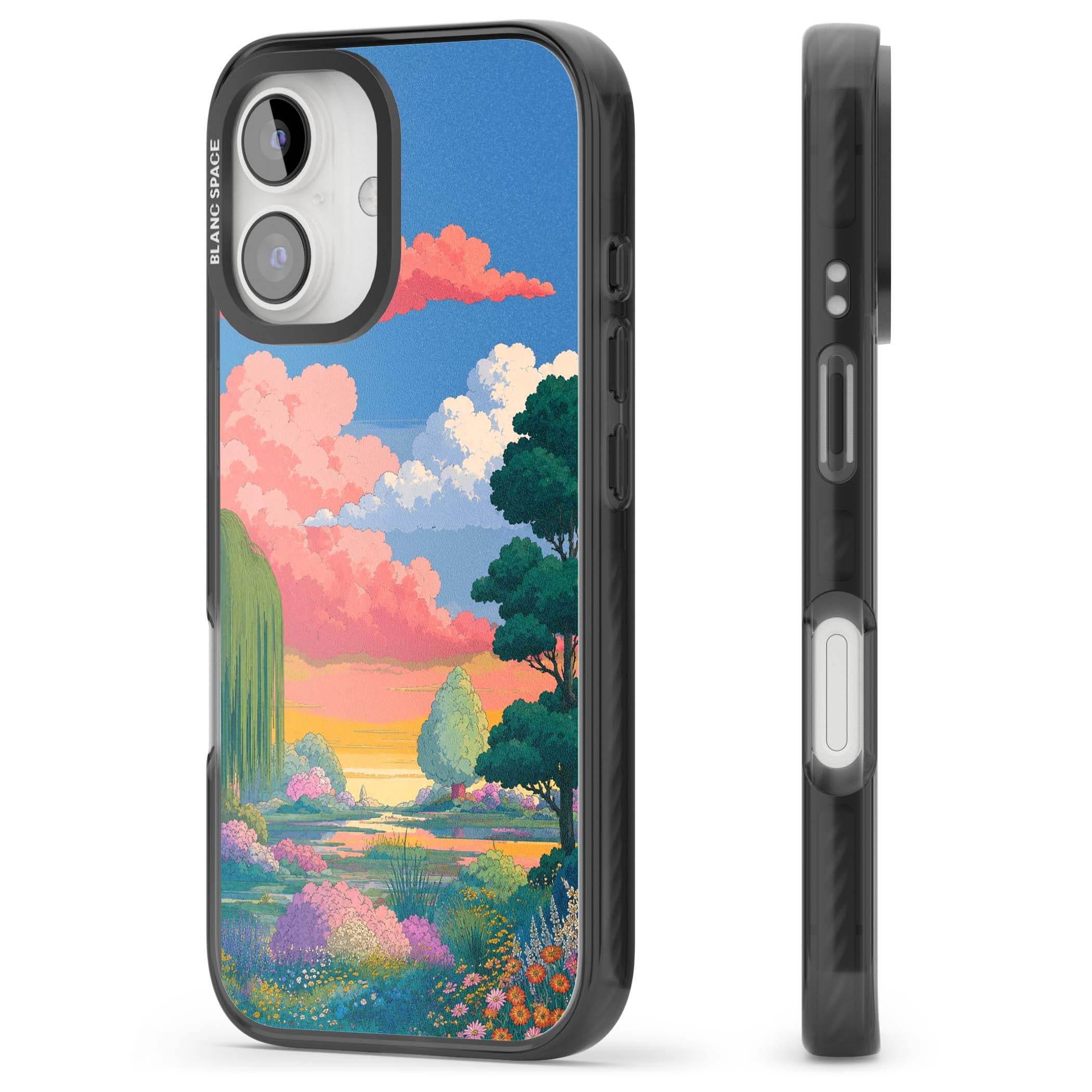 Dream Valley anime landscape iPhone case featuring pink sunset clouds, willow trees and wildflowers | Black Impact case for iPhone 16, iPhone 16 Plus