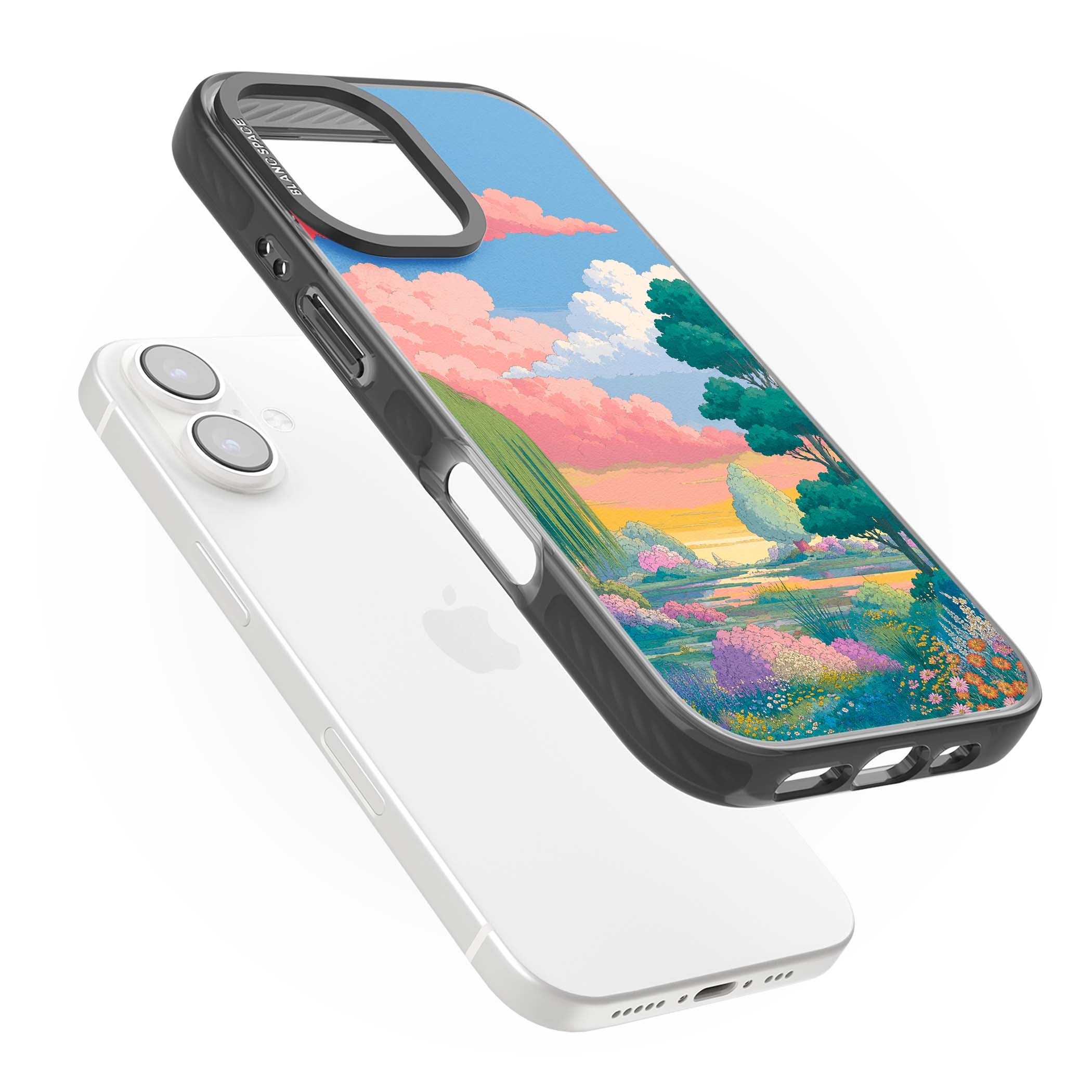 Dream Valley anime landscape iPhone case featuring pink sunset clouds, willow trees and wildflowers | Black Impact case for iPhone 16, iPhone 16 Plus