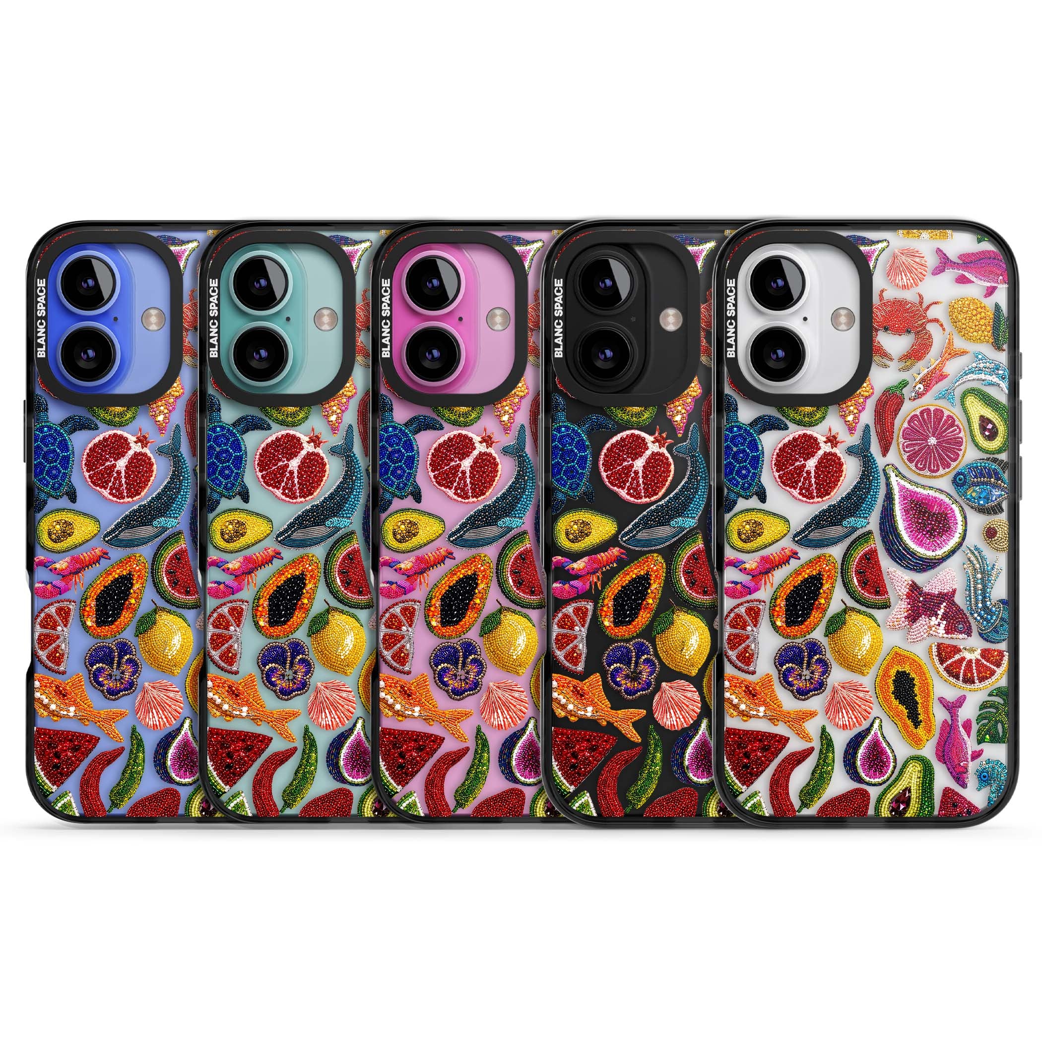 Beaded Tropic tropical iPhone case featuring beaded fruit, fish, crabs and seashells in vibrant colour | Black Impact case for iPhone 16, iPhone 16 Plus