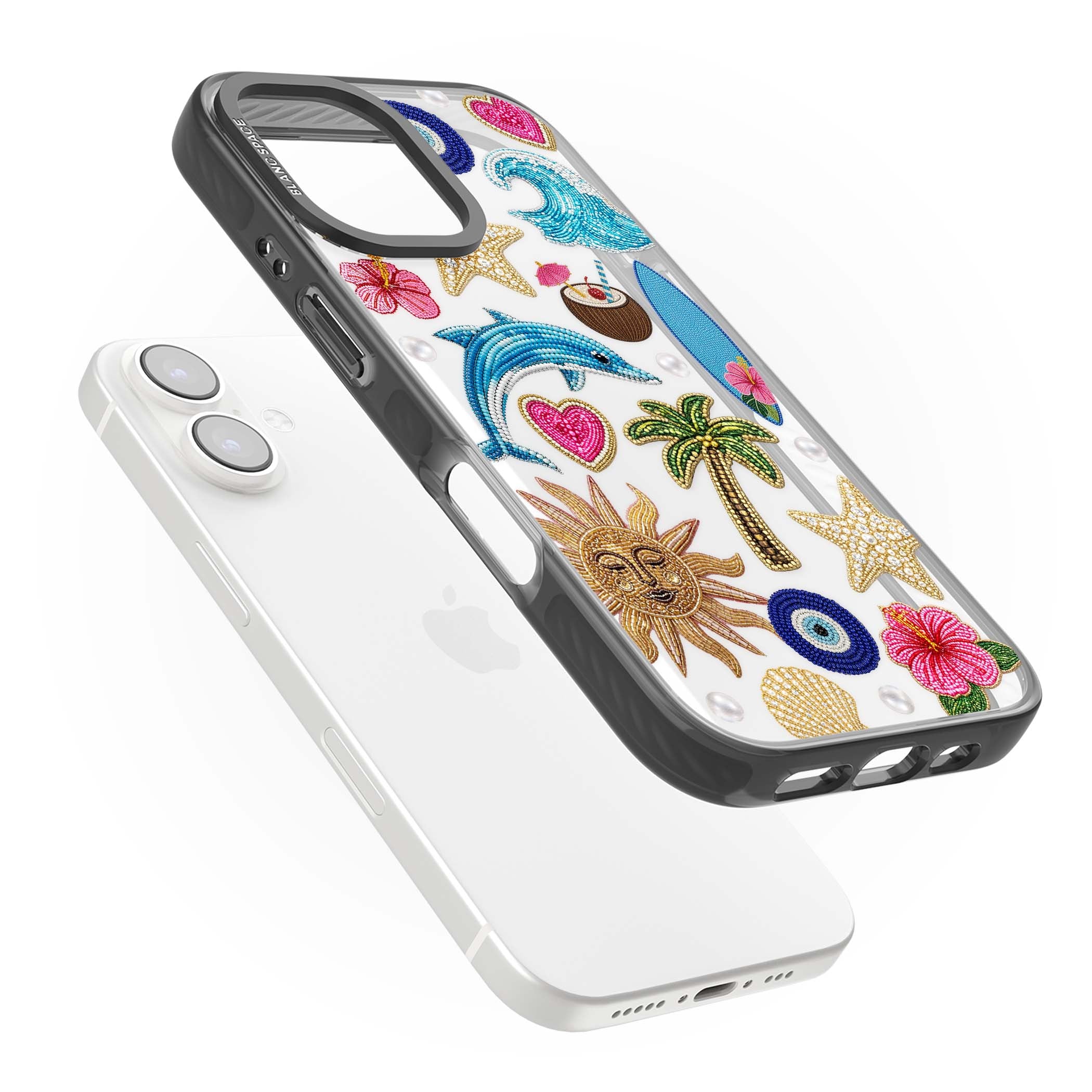 Beaded Beach coastal summer iPhone case featuring embroidered evil eye, hibiscus flowers, dolphin and palm tree patches | Black Impact case for iPhone 16, iPhone 16 Plus