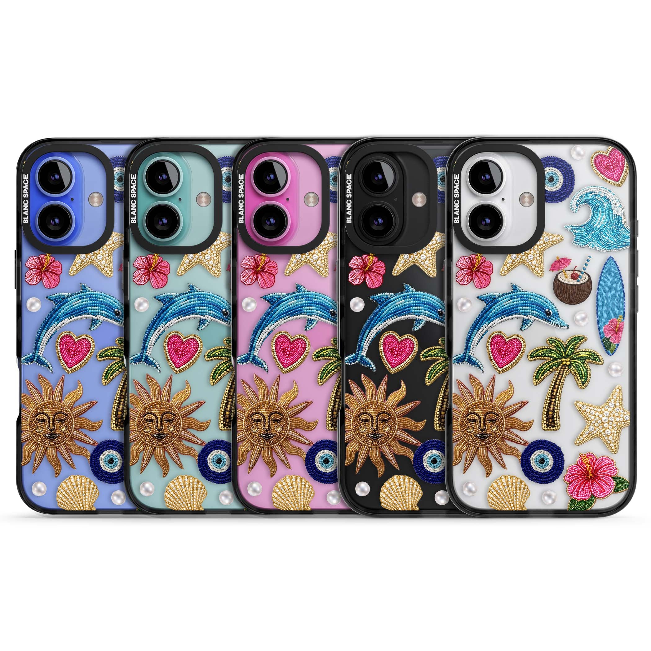 Beaded Beach coastal summer iPhone case featuring embroidered evil eye, hibiscus flowers, dolphin and palm tree patches | Black Impact case for iPhone 16, iPhone 16 Plus