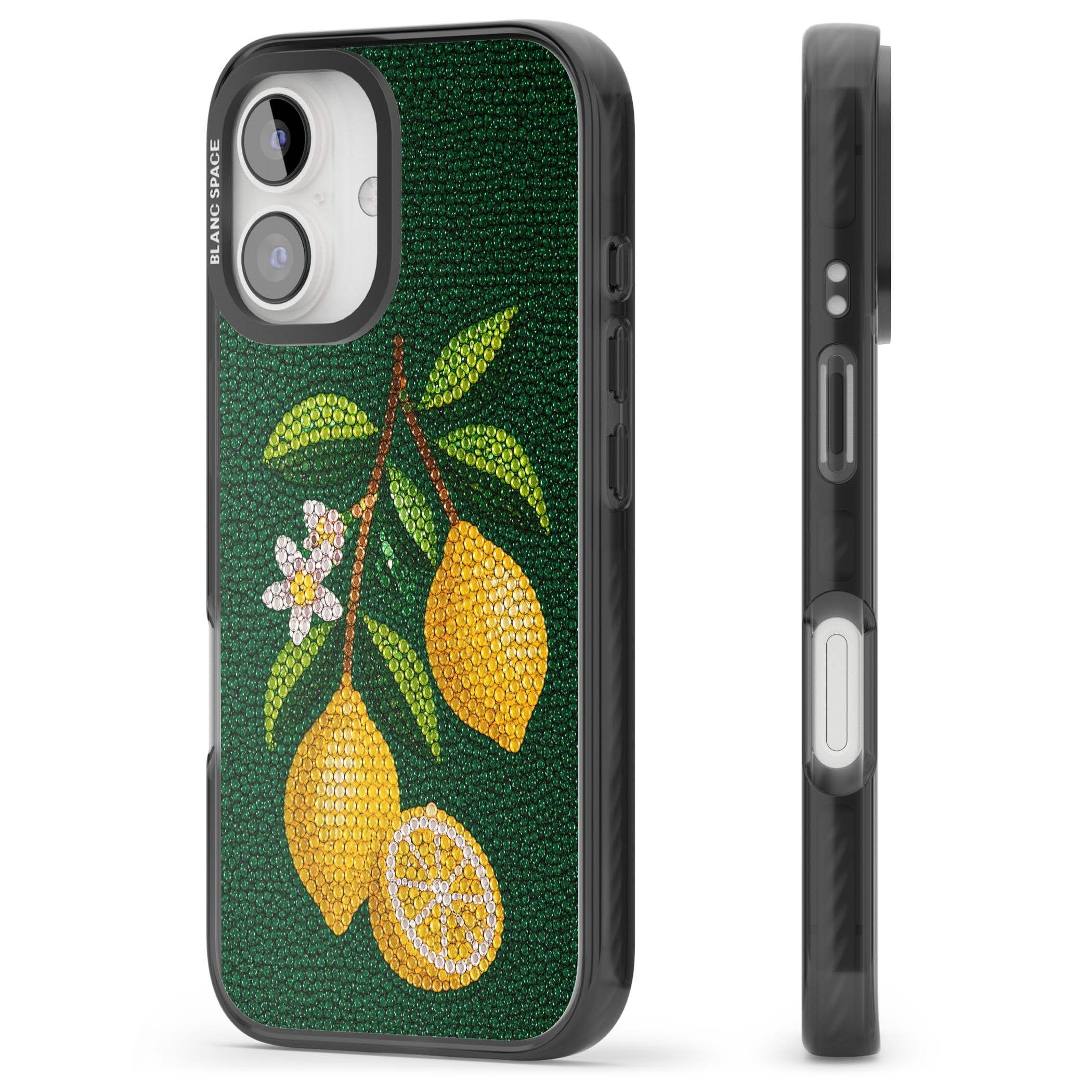 Beaded Lemons coastal iPhone case featuring crystal-beaded lemons, citrus blossom and green leaves on emerald ground | Black Impact case for iPhone 16, iPhone 16 Plus