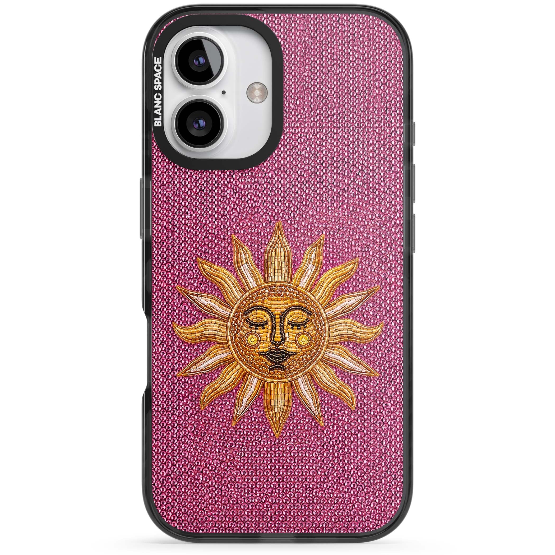 Beaded Sun celestial iPhone case featuring a golden beaded sun face with radiant rays on hot pink beaded background | Black Impact case for iPhone 16, iPhone 16 Plus