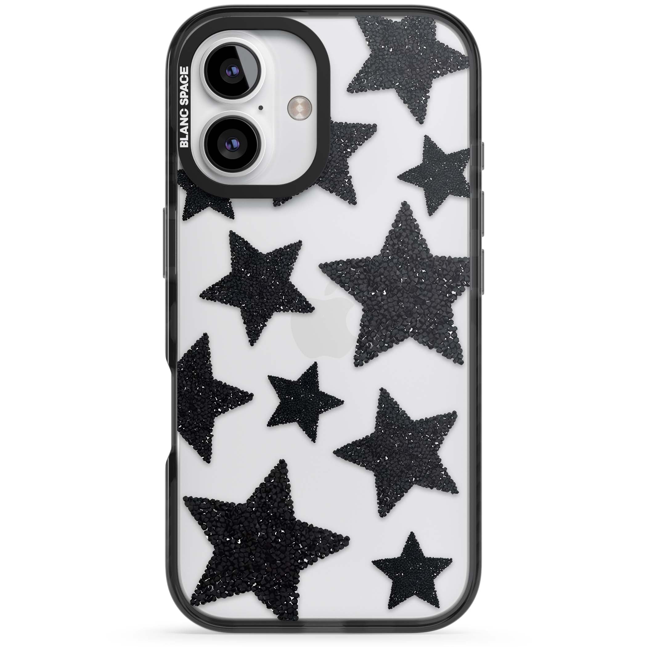 Beaded Black Stars celestial iPhone case featuring black glitter beaded stars scattered on a clear background | Black Impact case for iPhone 16, iPhone 16 Plus