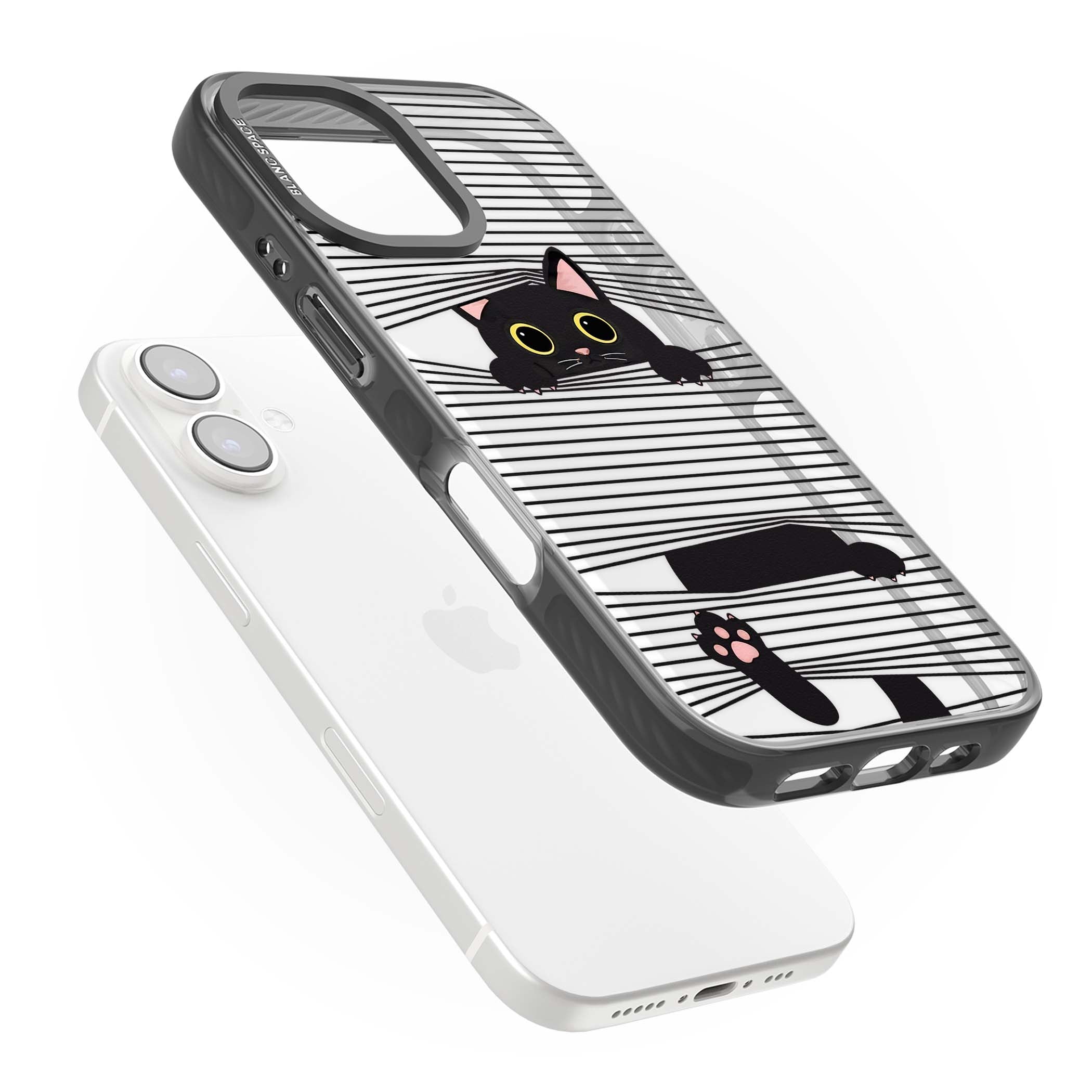 Peek-a-Boo Cat minimal iPhone case featuring black cat peeking through horizontal black and white stripes | Black Impact case for iPhone 16, iPhone 16 Plus