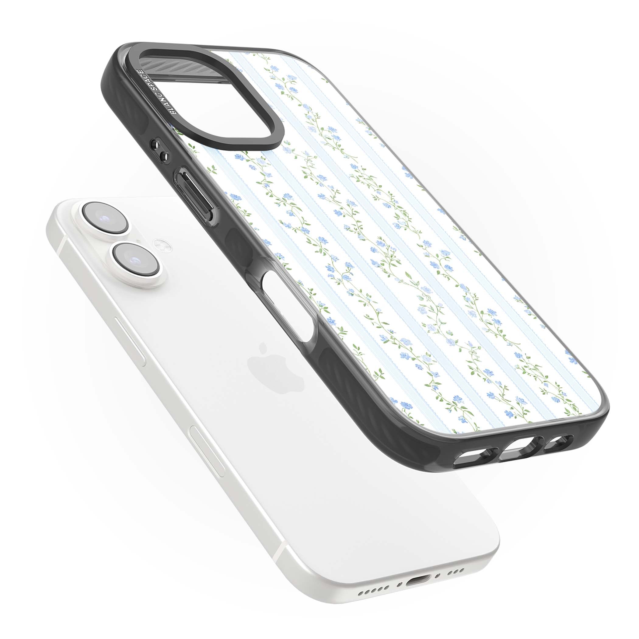 Bluebell Vine cottagecore iPhone case featuring climbing blue roses, trailing green vines, and pale ticking stripes | Black Impact case for iPhone 16, iPhone 16 Plus