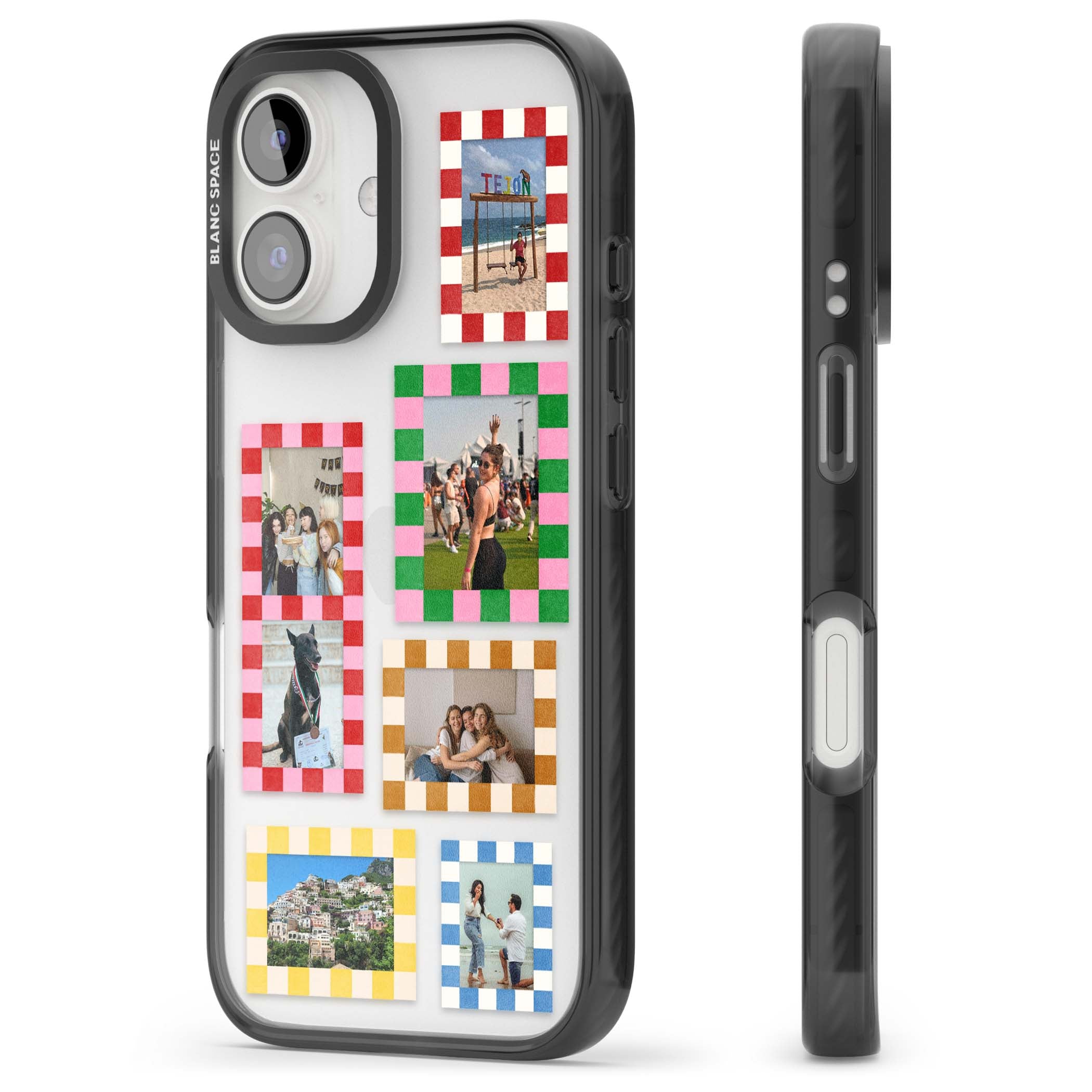 Italian Check Frames custom photo collage iPhone case featuring six checkered photo frames in red, green, pink and | Black Impact case for iPhone 16, iPhone 16 Plus