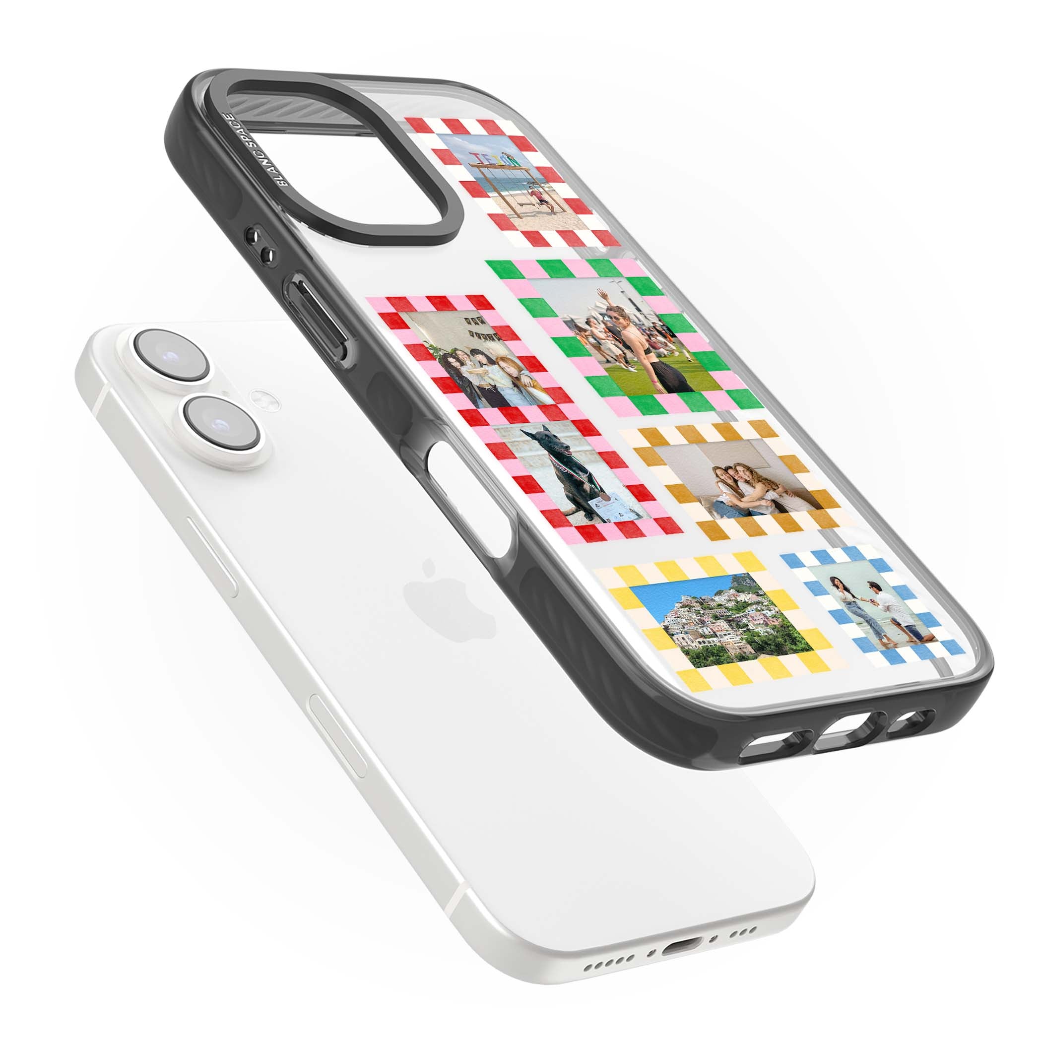 Italian Check Frames custom photo collage iPhone case featuring six checkered photo frames in red, green, pink and | Black Impact case for iPhone 16, iPhone 16 Plus