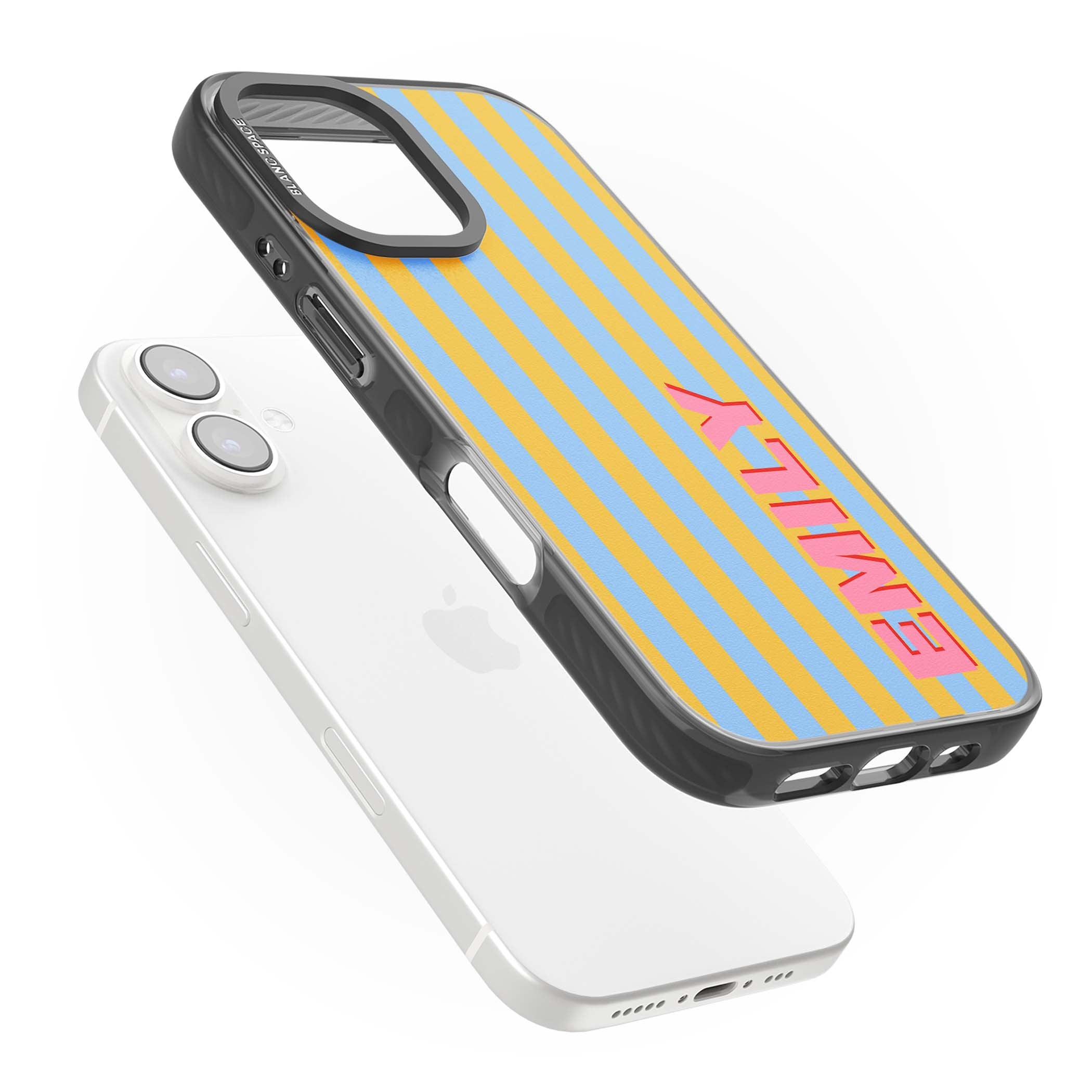 Carribean Stripe personalised coastal iPhone case with yellow and blue vertical stripes and a custom pink name | Black Impact case for iPhone 16, iPhone 16 Plus