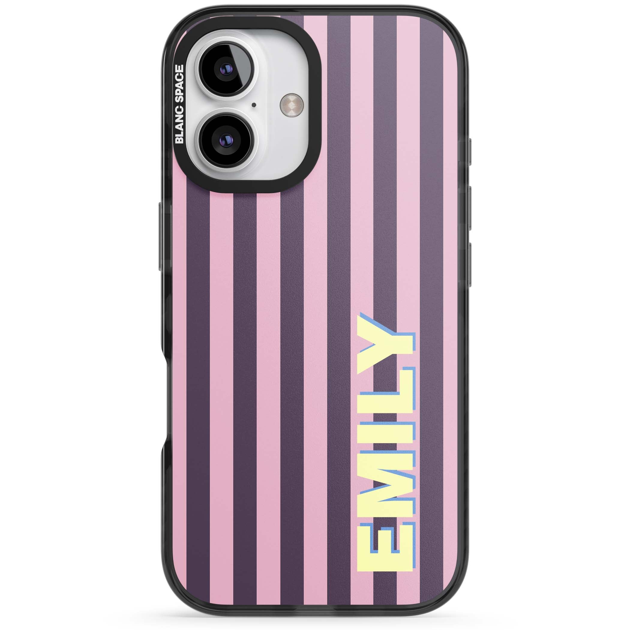 Tyre Stripe personalised stripe iPhone case with plum and pink vertical stripes and custom yellow name | Black Impact case for iPhone 16, iPhone 16 Plus