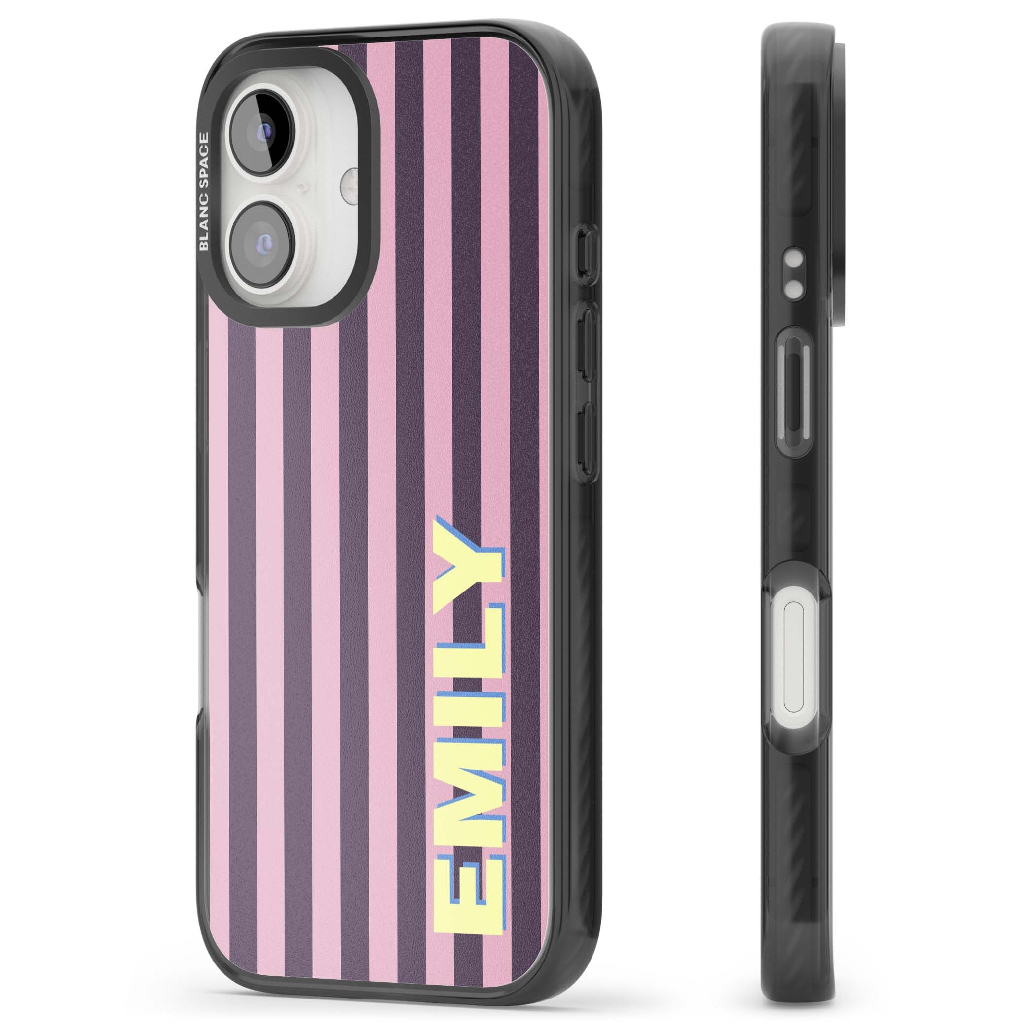 Tyre Stripe personalised stripe iPhone case with plum and pink vertical stripes and custom yellow name | Black Impact case for iPhone 16, iPhone 16 Plus