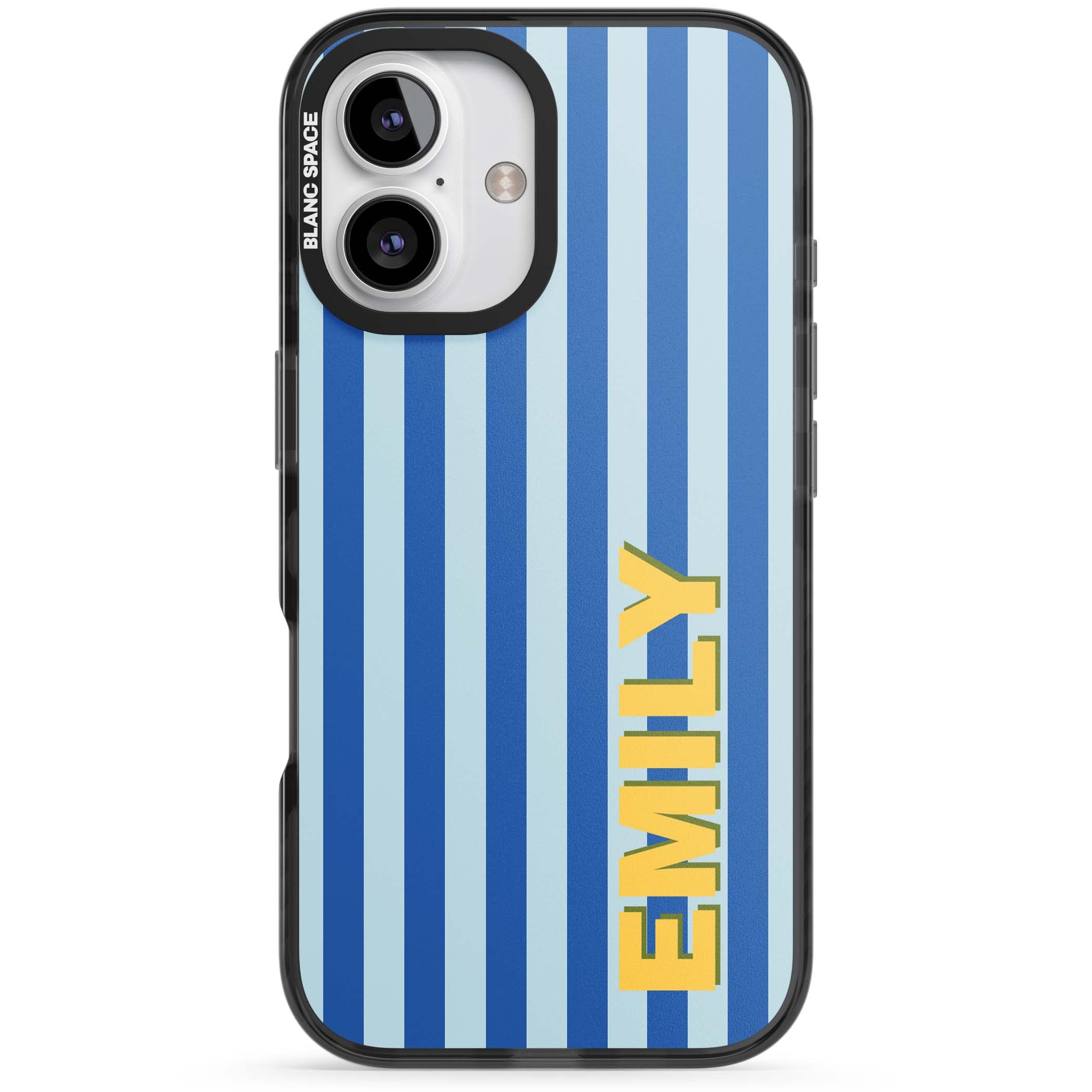 Athenian Stripe personalised preppy iPhone case featuring blue vertical stripes and a custom yellow name | Black Impact case for iPhone 16, iPhone 16 Plus