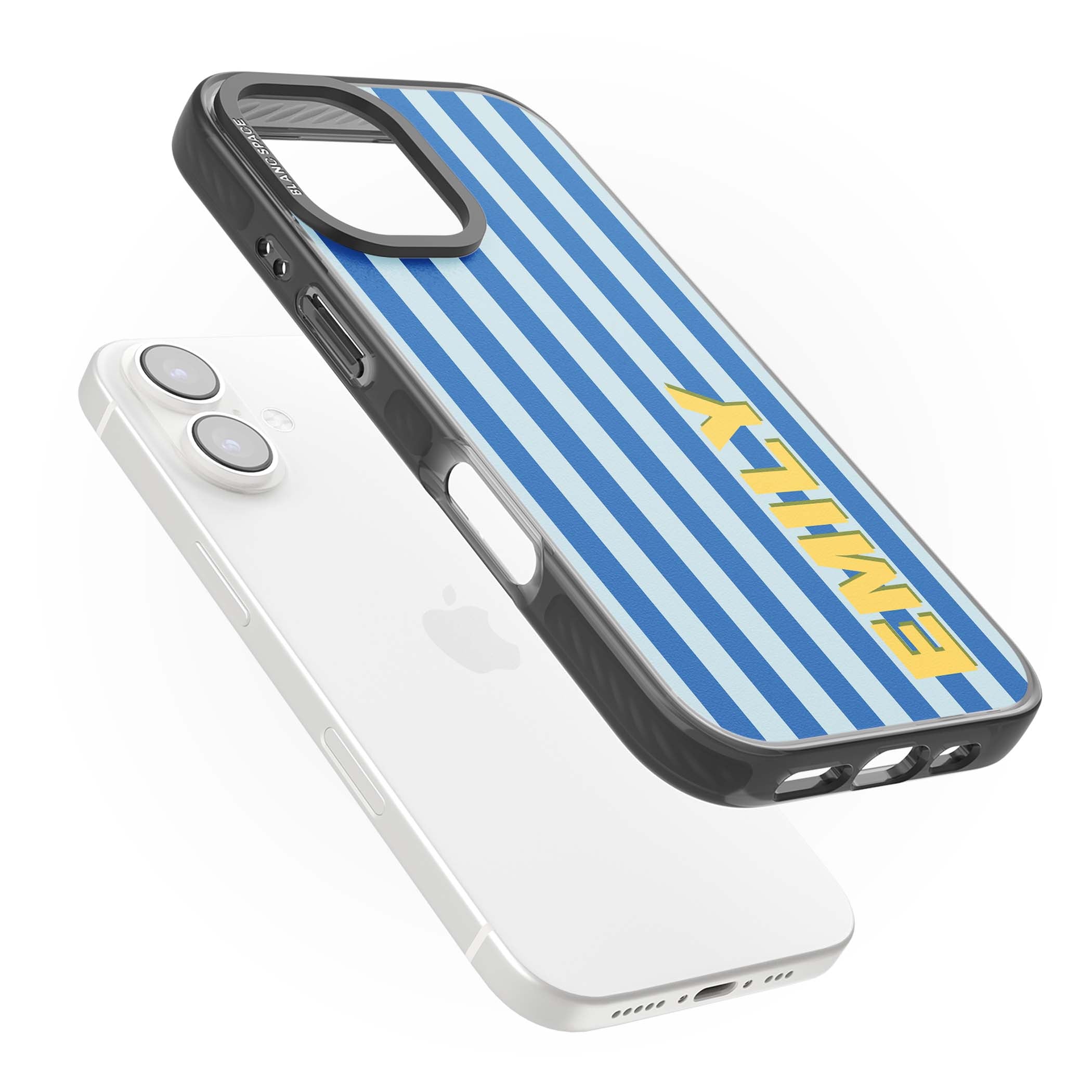 Athenian Stripe personalised preppy iPhone case featuring blue vertical stripes and a custom yellow name | Black Impact case for iPhone 16, iPhone 16 Plus