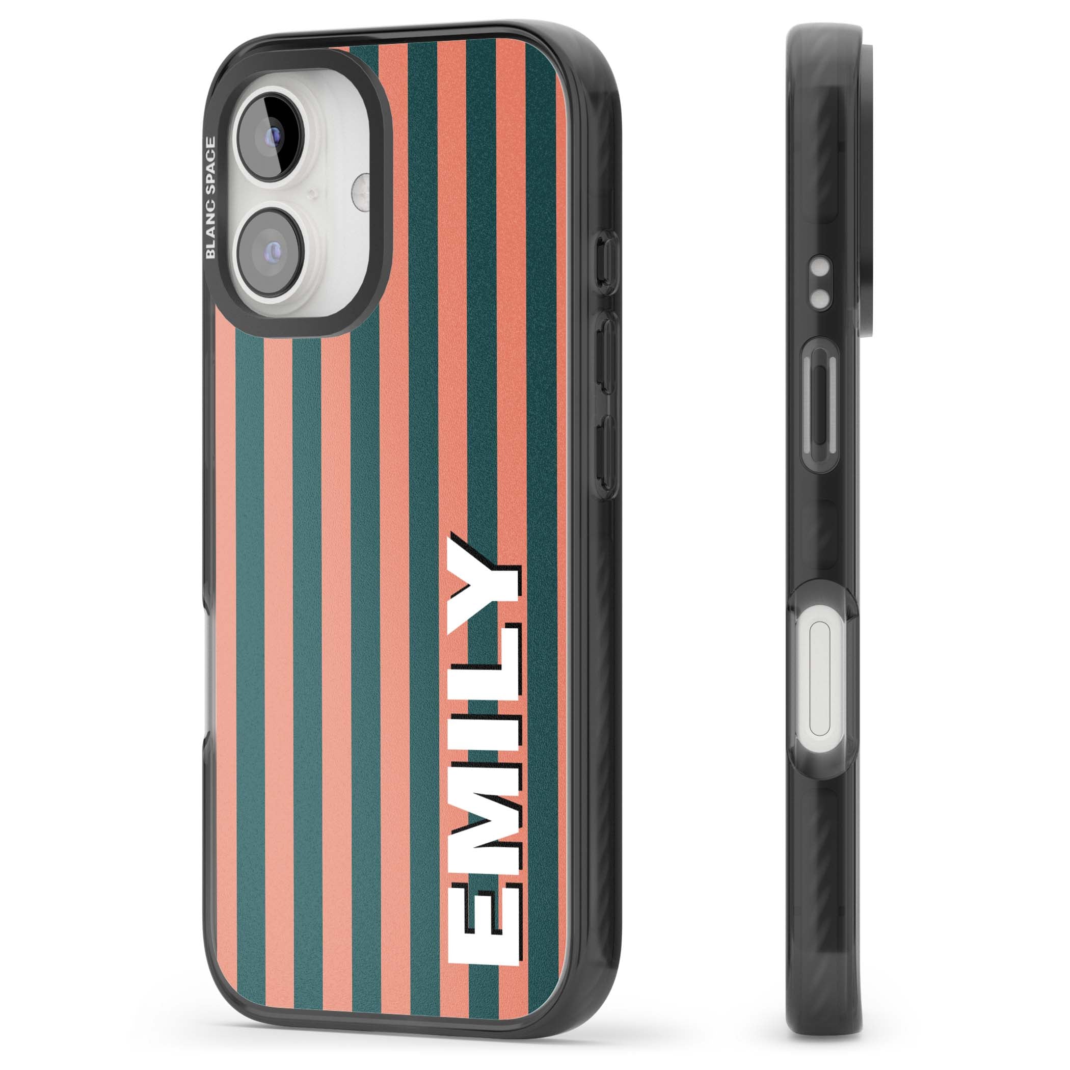 Tuscan Stripe personalised iPhone case featuring coral and green vertical stripes with bold custom name | Black Impact case for iPhone 16, iPhone 16 Plus