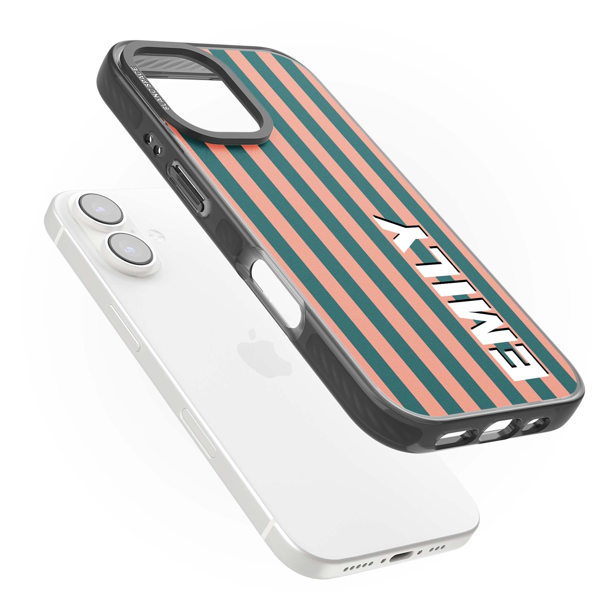 Tuscan Stripe personalised iPhone case featuring coral and green vertical stripes with bold custom name | Black Impact case for iPhone 16, iPhone 16 Plus