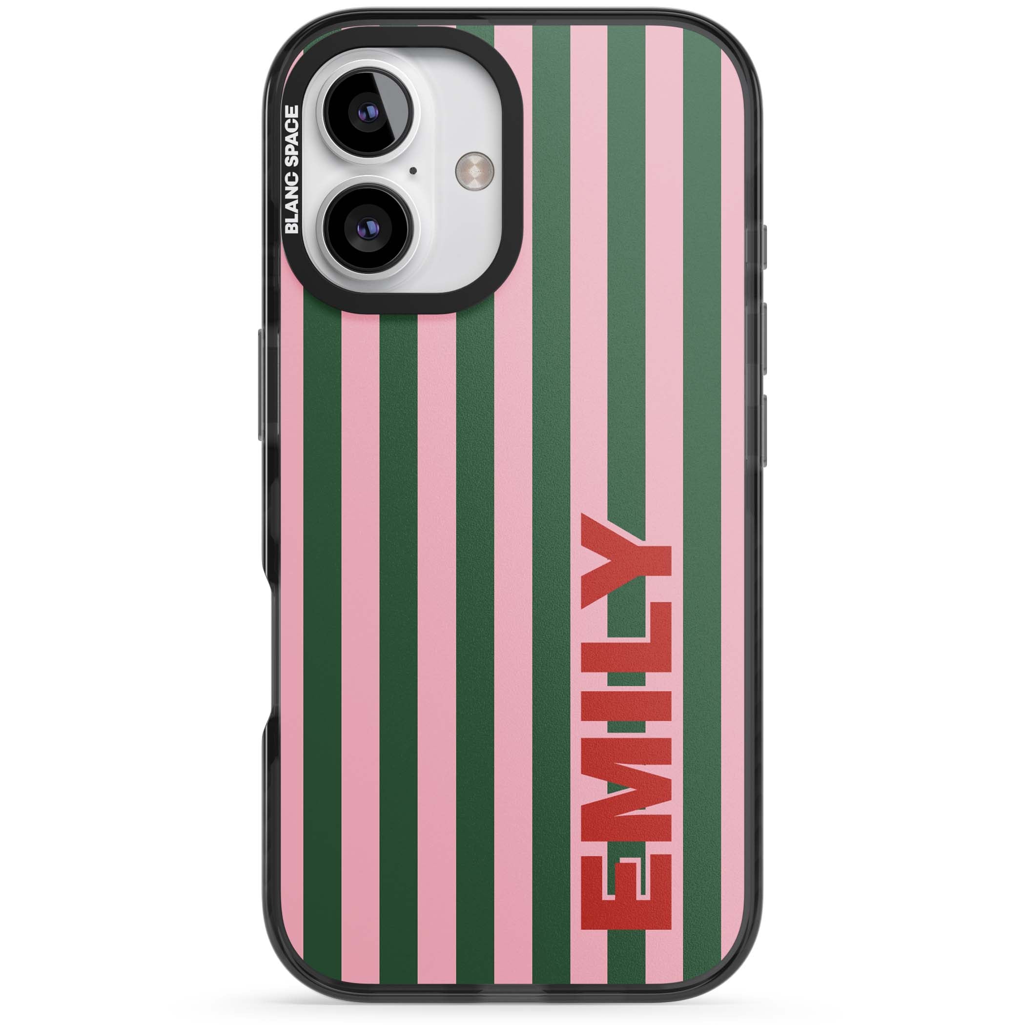 Italian Stripe preppy iPhone case featuring pink and green vertical stripes with personalised red name | Black Impact case for iPhone 16, iPhone 16 Plus