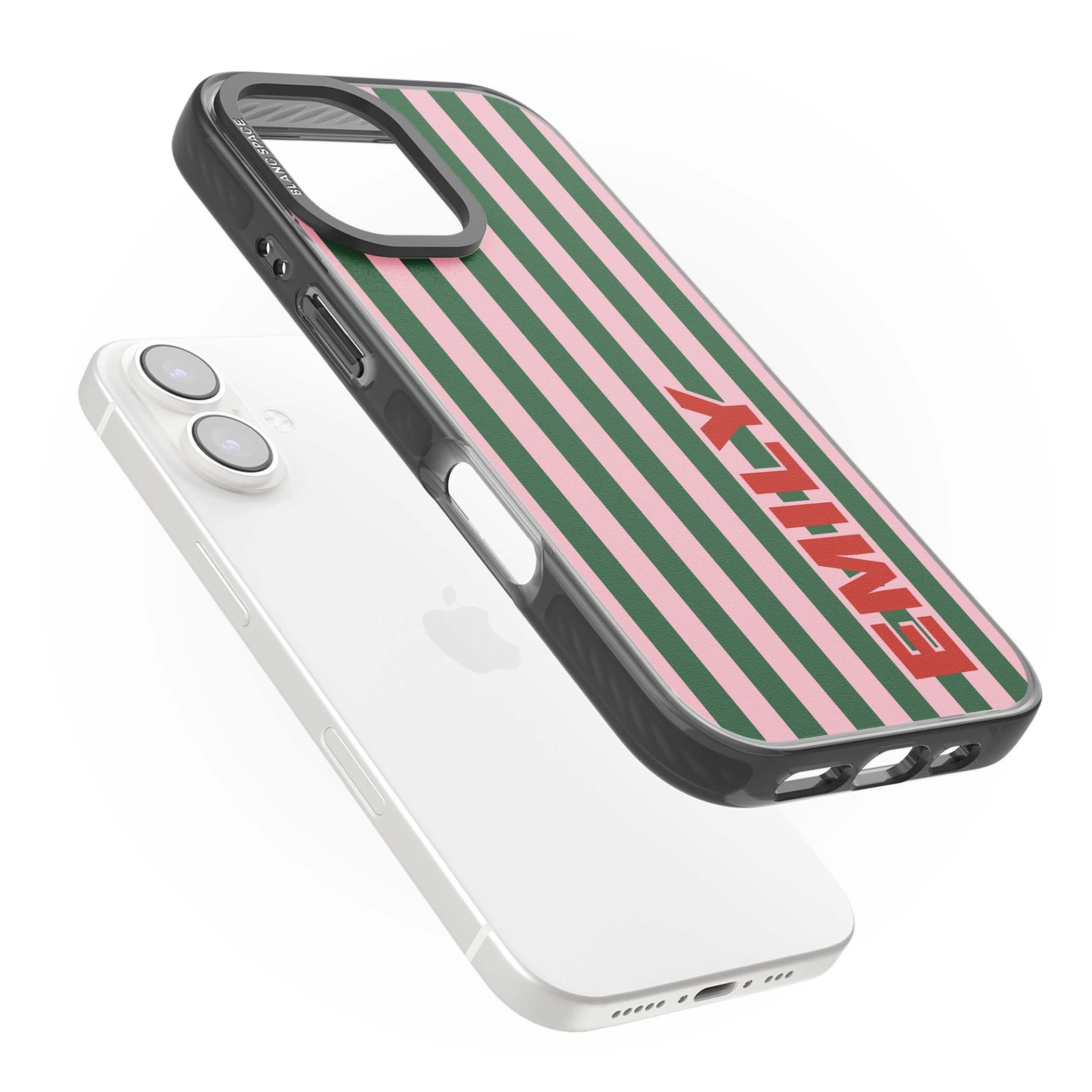 Italian Stripe preppy iPhone case featuring pink and green vertical stripes with personalised red name | Black Impact case for iPhone 16, iPhone 16 Plus