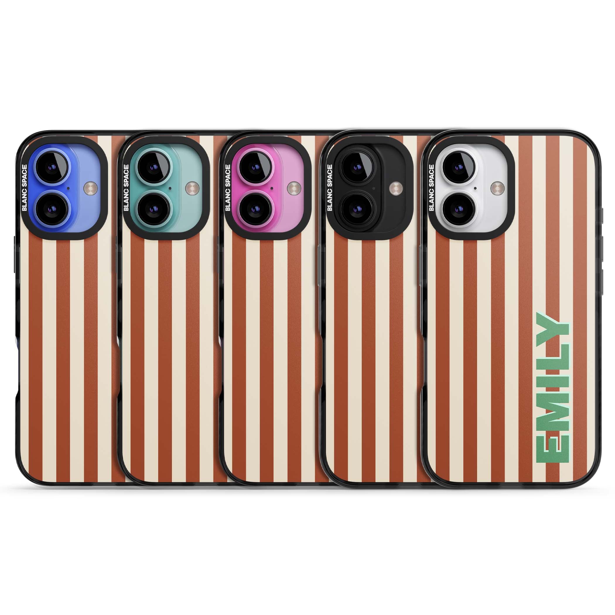 Dune Stripe personalised iPhone case with rust and cream vertical stripes and custom name in mint green | Black Impact case for iPhone 16, iPhone 16 Plus