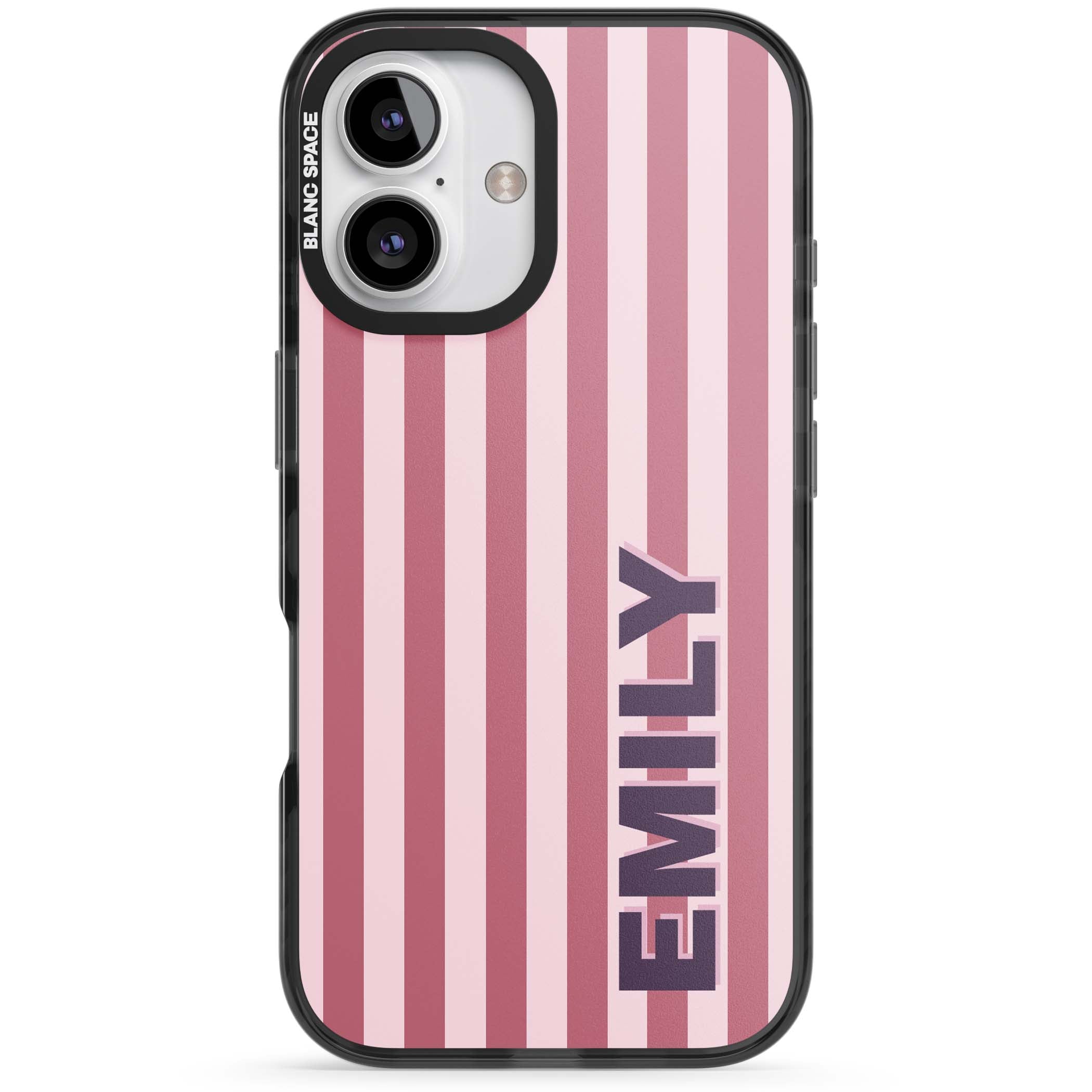 Victoria Stripe personalised iPhone case featuring pink vertical stripes and custom name in bold plum lettering | Black Impact case for iPhone 16, iPhone 16 Plus