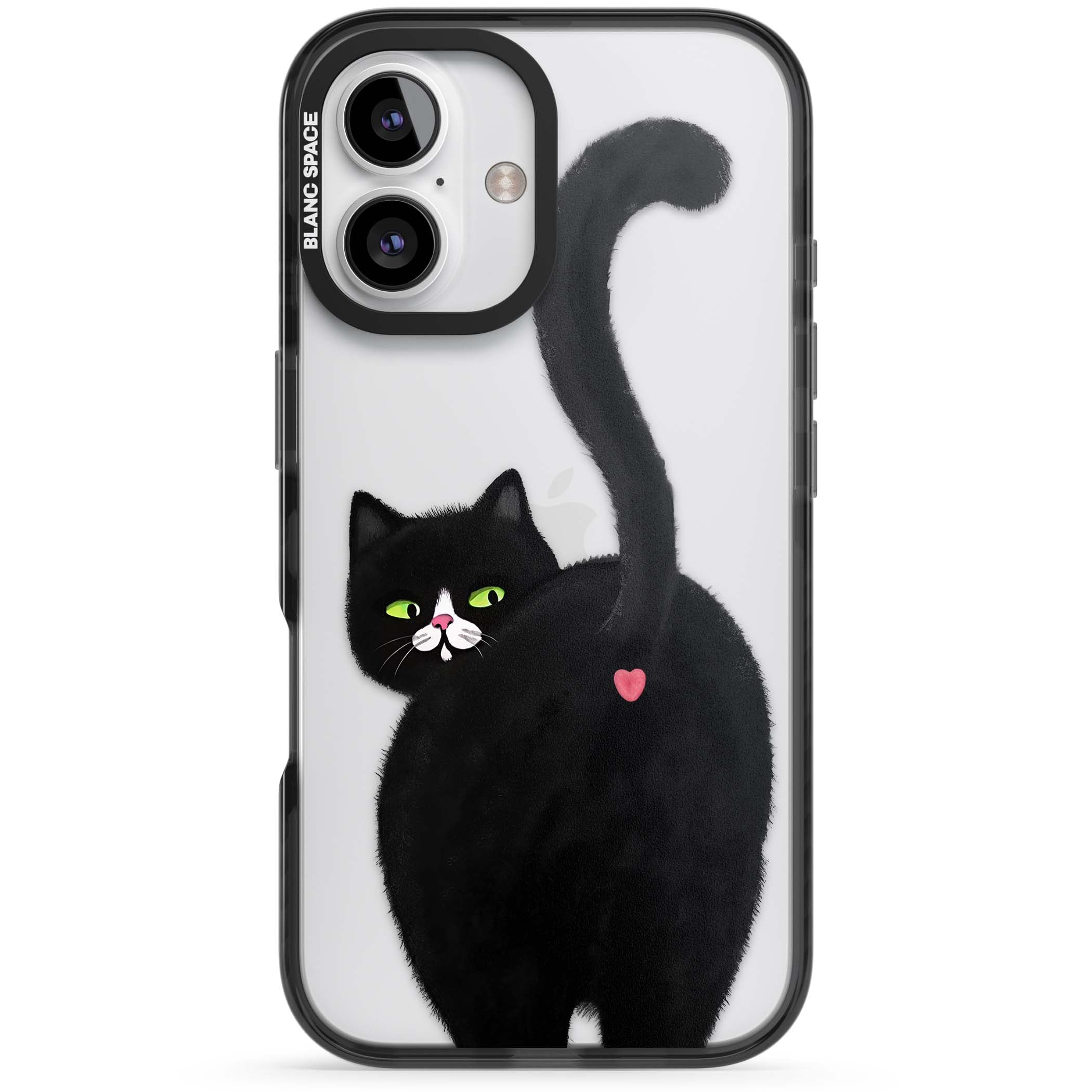 The Cat's Kiss cute cat iPhone case featuring a hand-painted tuxedo kitty with green eyes and a pink heart on a clear | Black Impact case for iPhone 16, iPhone 16 Plus