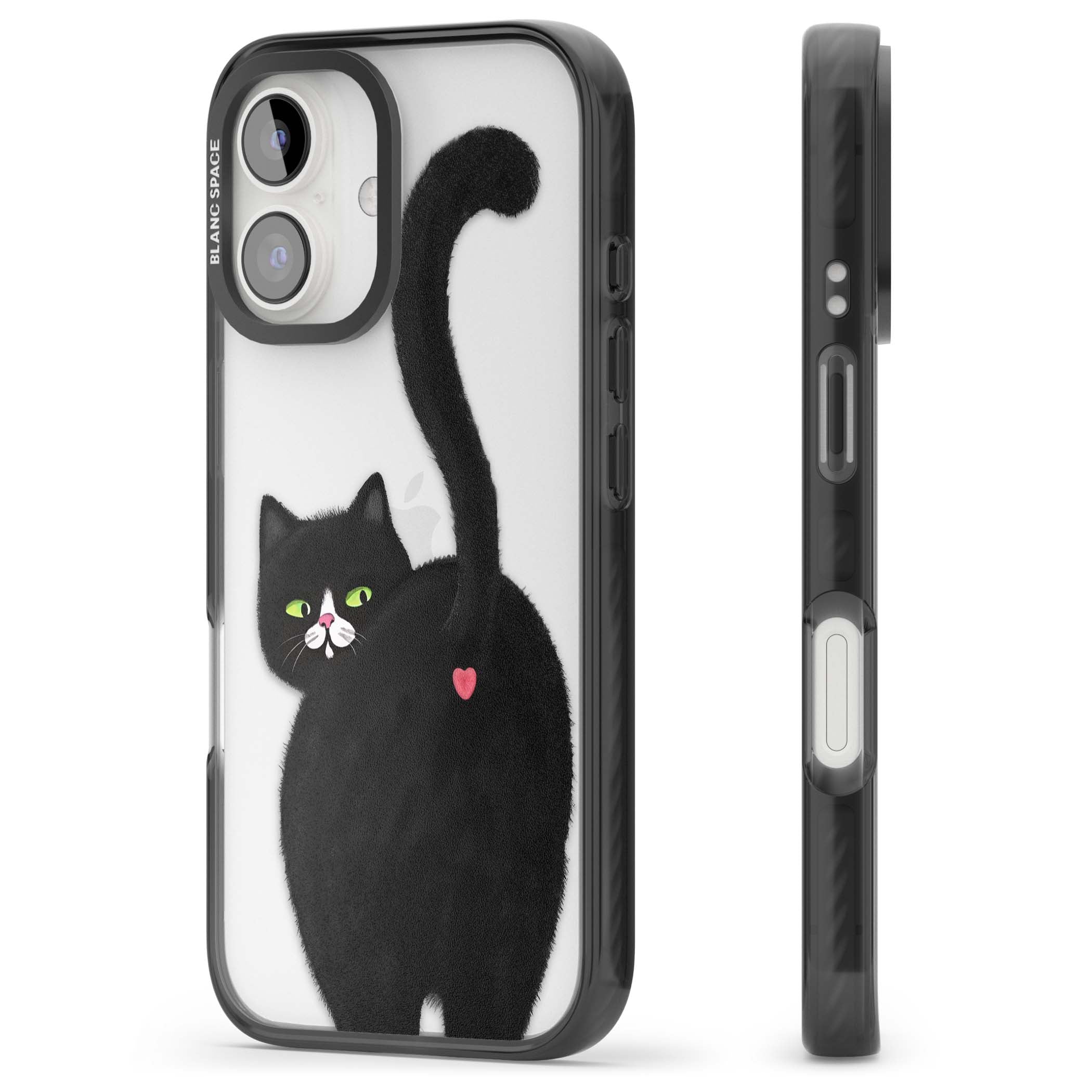 The Cat's Kiss cute cat iPhone case featuring a hand-painted tuxedo kitty with green eyes and a pink heart on a clear | Black Impact case for iPhone 16, iPhone 16 Plus