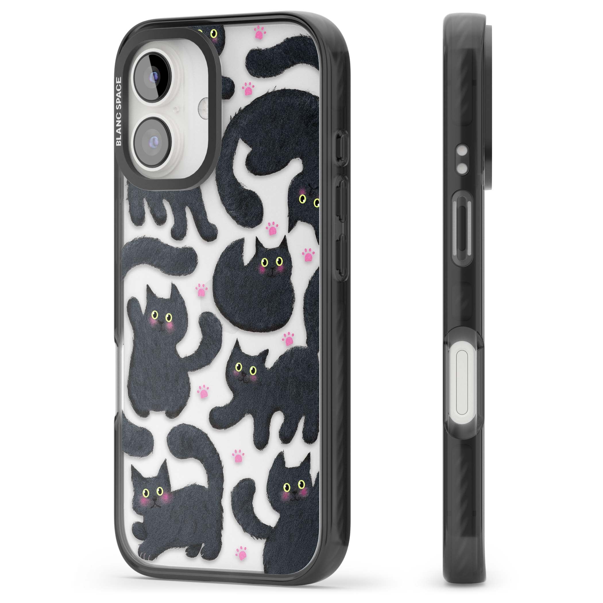 Midnight Cats cute iPhone case featuring black cat pattern with yellow eyes and pink paw prints | Black Impact case for iPhone 16, iPhone 16 Plus