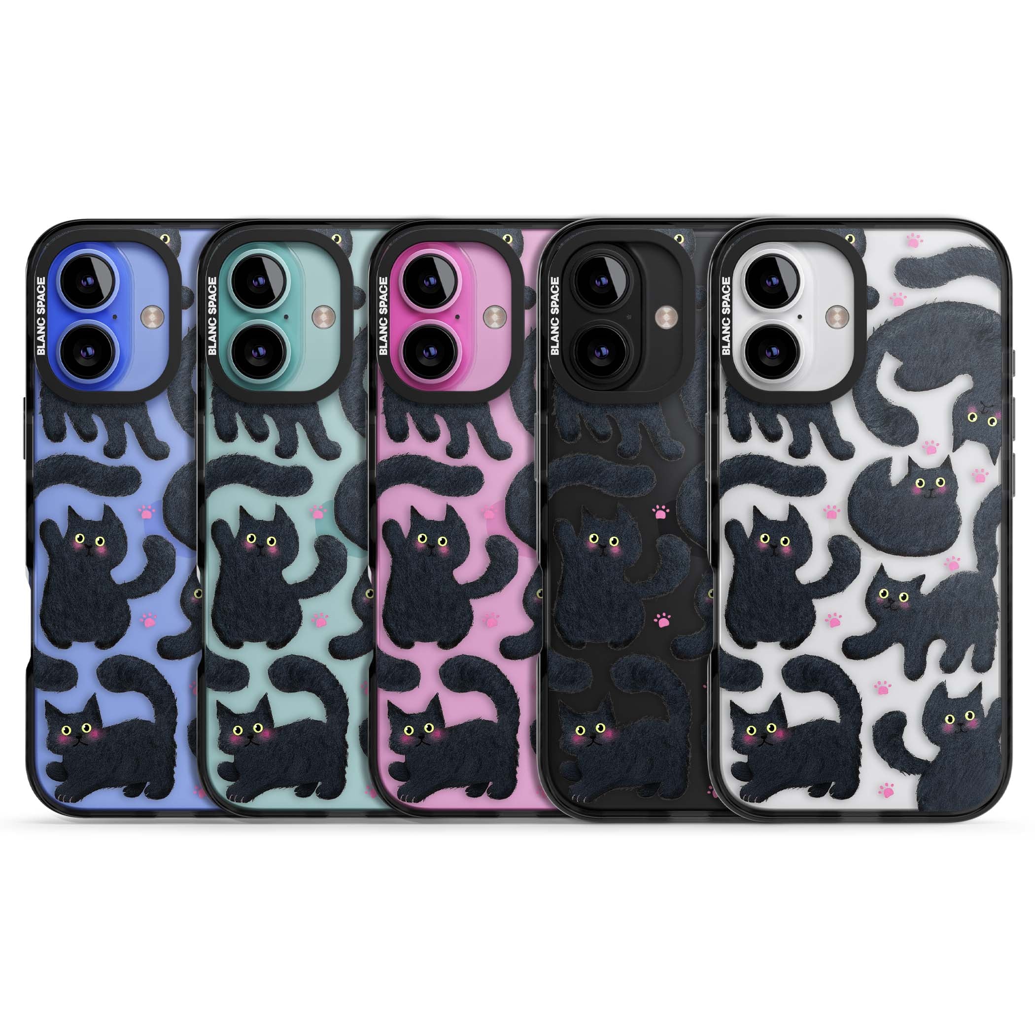 Midnight Cats cute iPhone case featuring black cat pattern with yellow eyes and pink paw prints | Black Impact case for iPhone 16, iPhone 16 Plus
