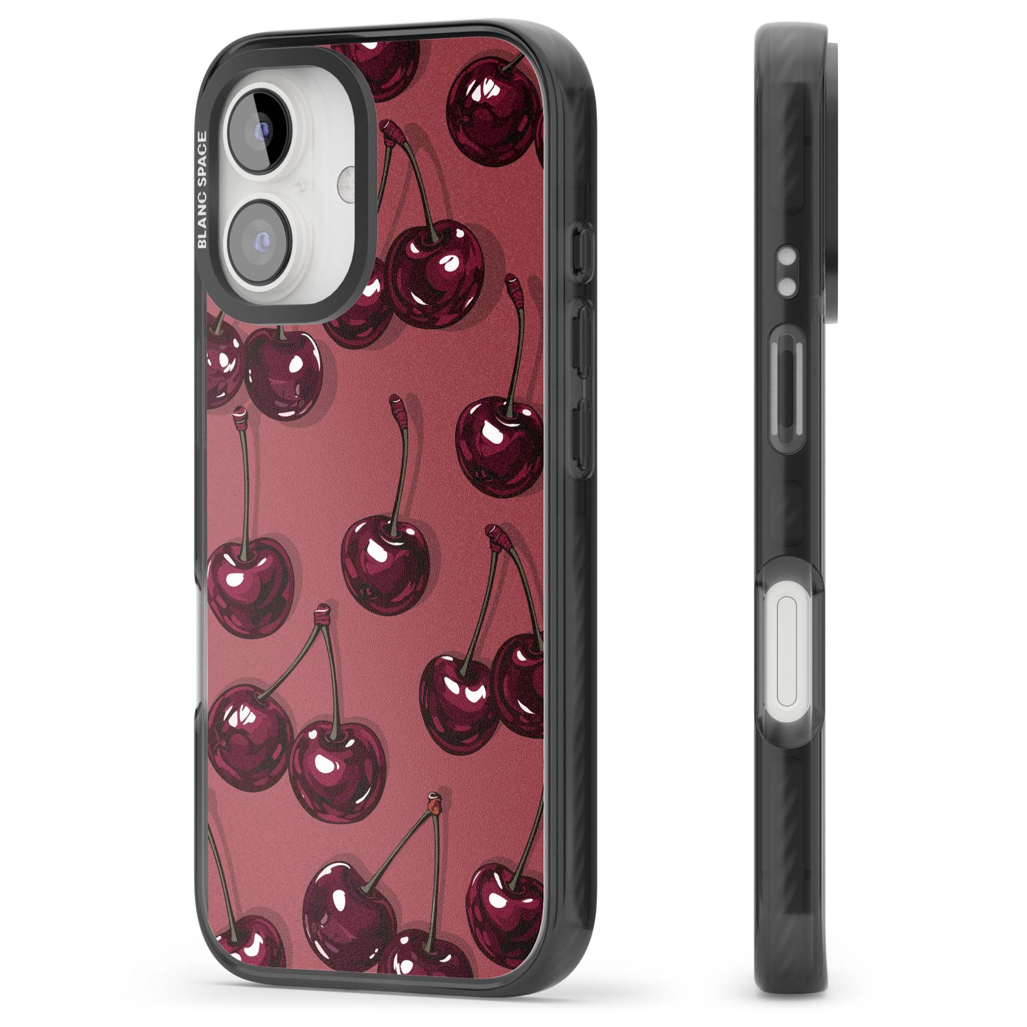 Cherry Rebel coquette iPhone case featuring glossy burgundy cherries on a dusty rose background | Black Impact case for iPhone 16, iPhone 16 Plus