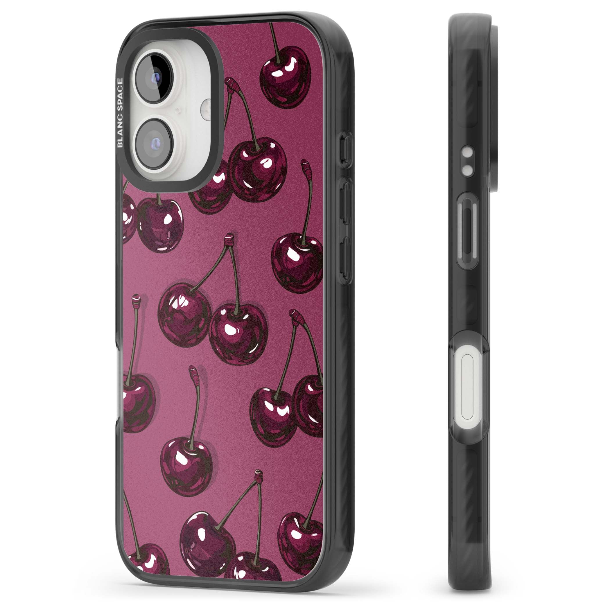 Cherry Soda coquette iPhone case featuring glossy burgundy cherries on a dusty pink background | Black Impact case for iPhone 16, iPhone 16 Plus