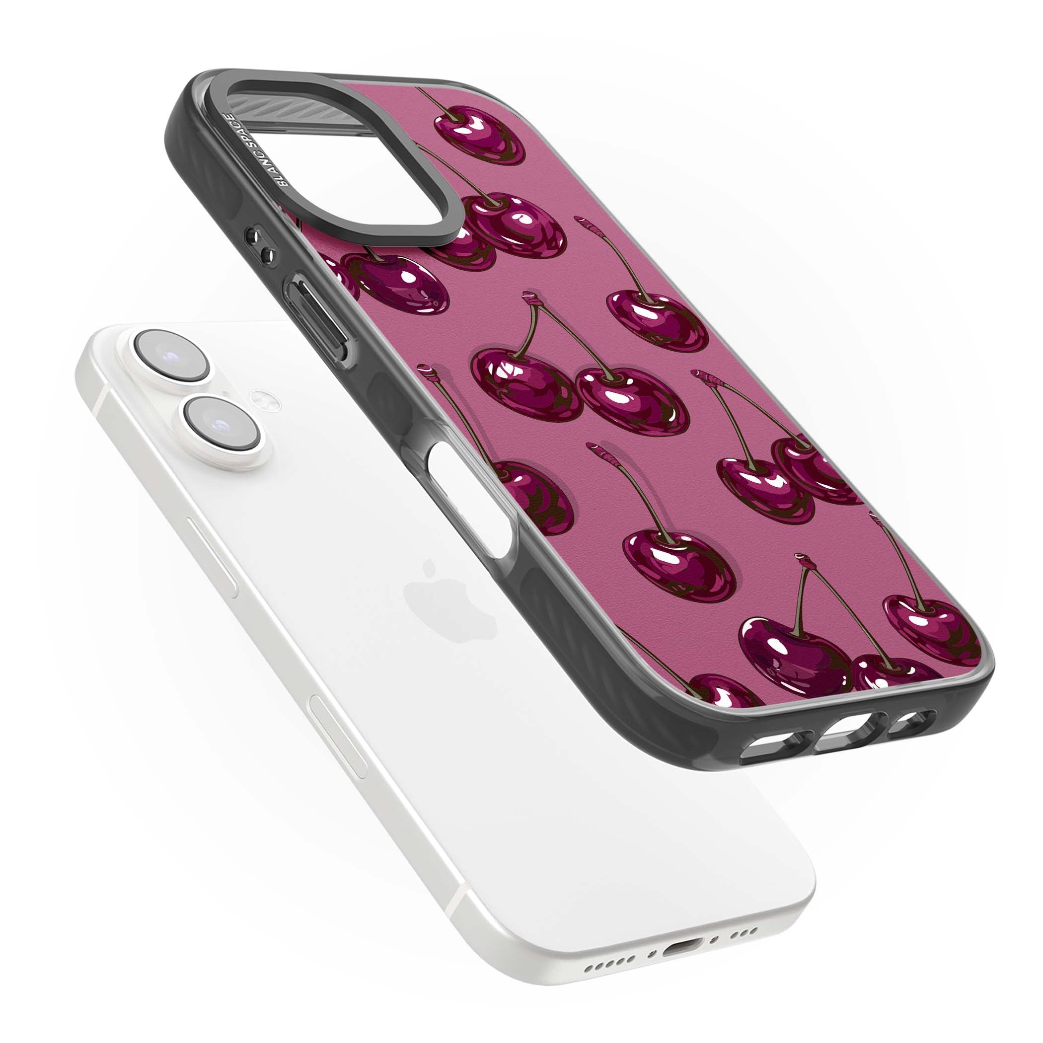 Cherry Soda coquette iPhone case featuring glossy burgundy cherries on a dusty pink background | Black Impact case for iPhone 16, iPhone 16 Plus