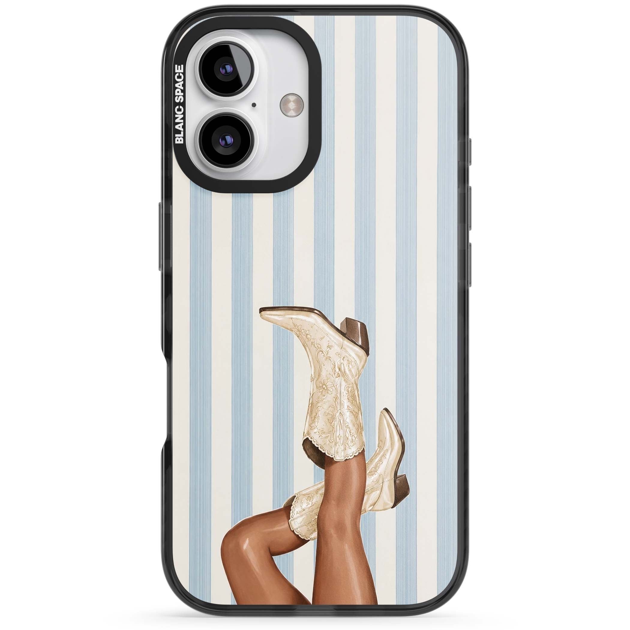 Cowgirl Boots coastal cowgirl iPhone case featuring embroidered western boots, tanned legs and a blue stripe backdrop | Black Impact case for iPhone 16, iPhone 16 Plus