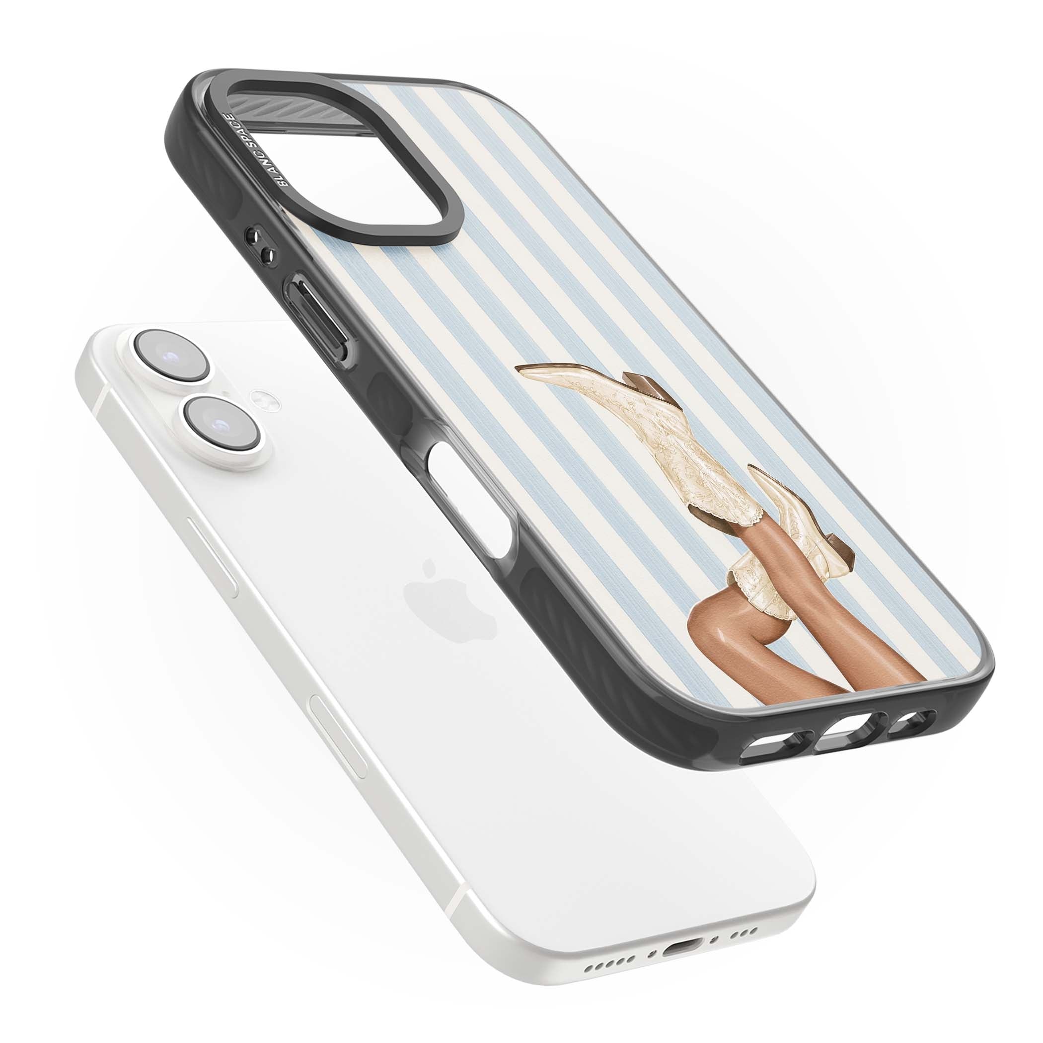 Cowgirl Boots coastal cowgirl iPhone case featuring embroidered western boots, tanned legs and a blue stripe backdrop | Black Impact case for iPhone 16, iPhone 16 Plus