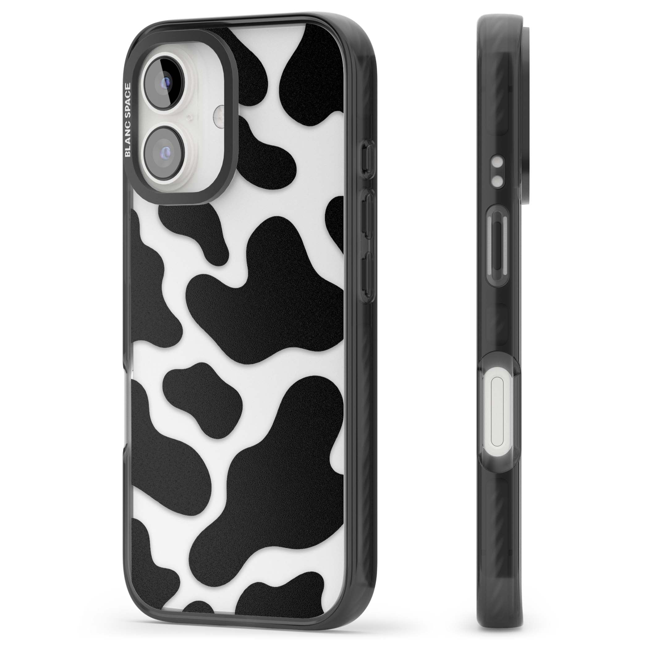 Clear Cow Print cow print iPhone case featuring black and white cow pattern splotches on a clear background | Black Impact case for iPhone 16, iPhone 16 Plus