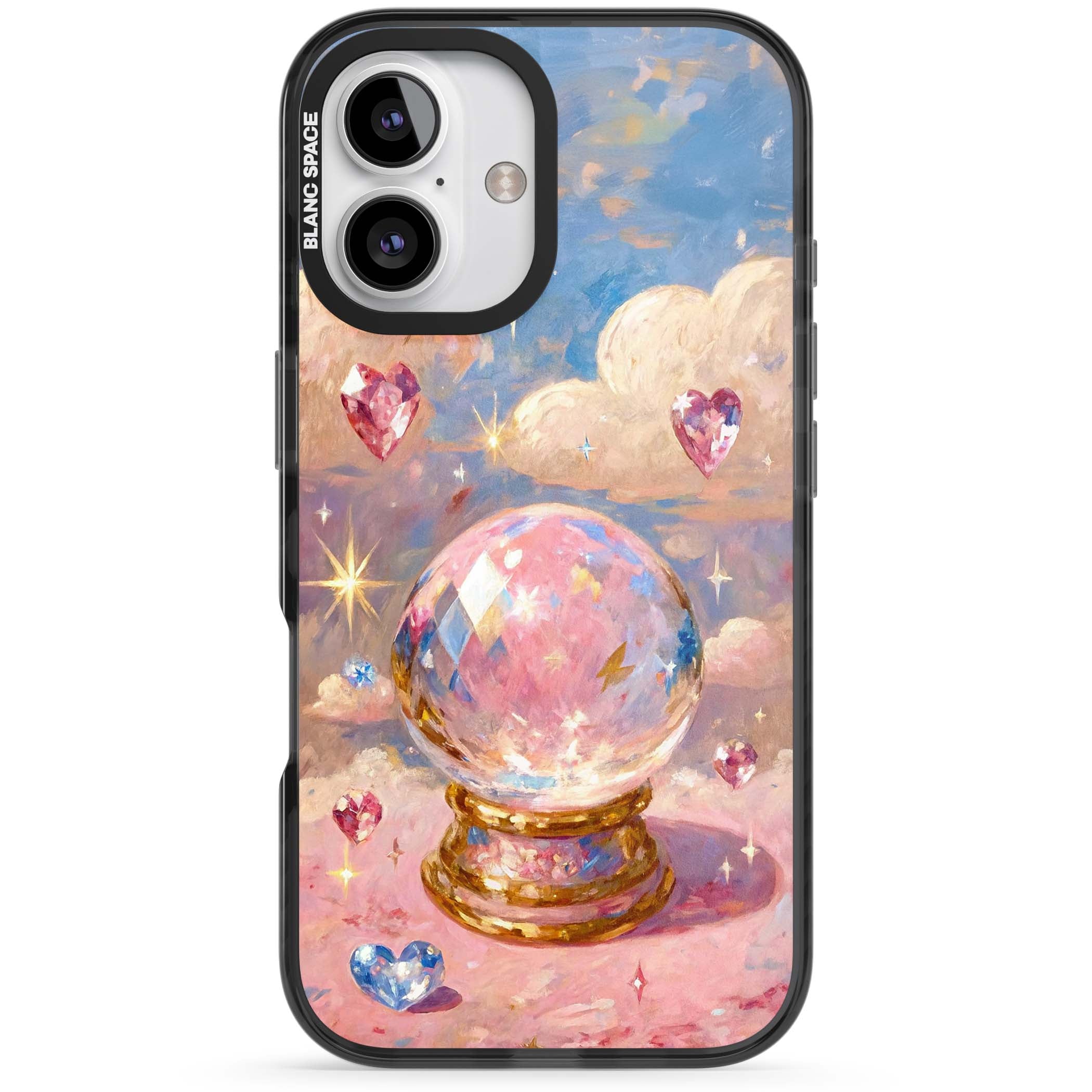 Crystal Ball fairycore iPhone case featuring a painted crystal ball, heart gemstones, and pastel clouds | Black Impact case for iPhone 16, iPhone 16 Plus
