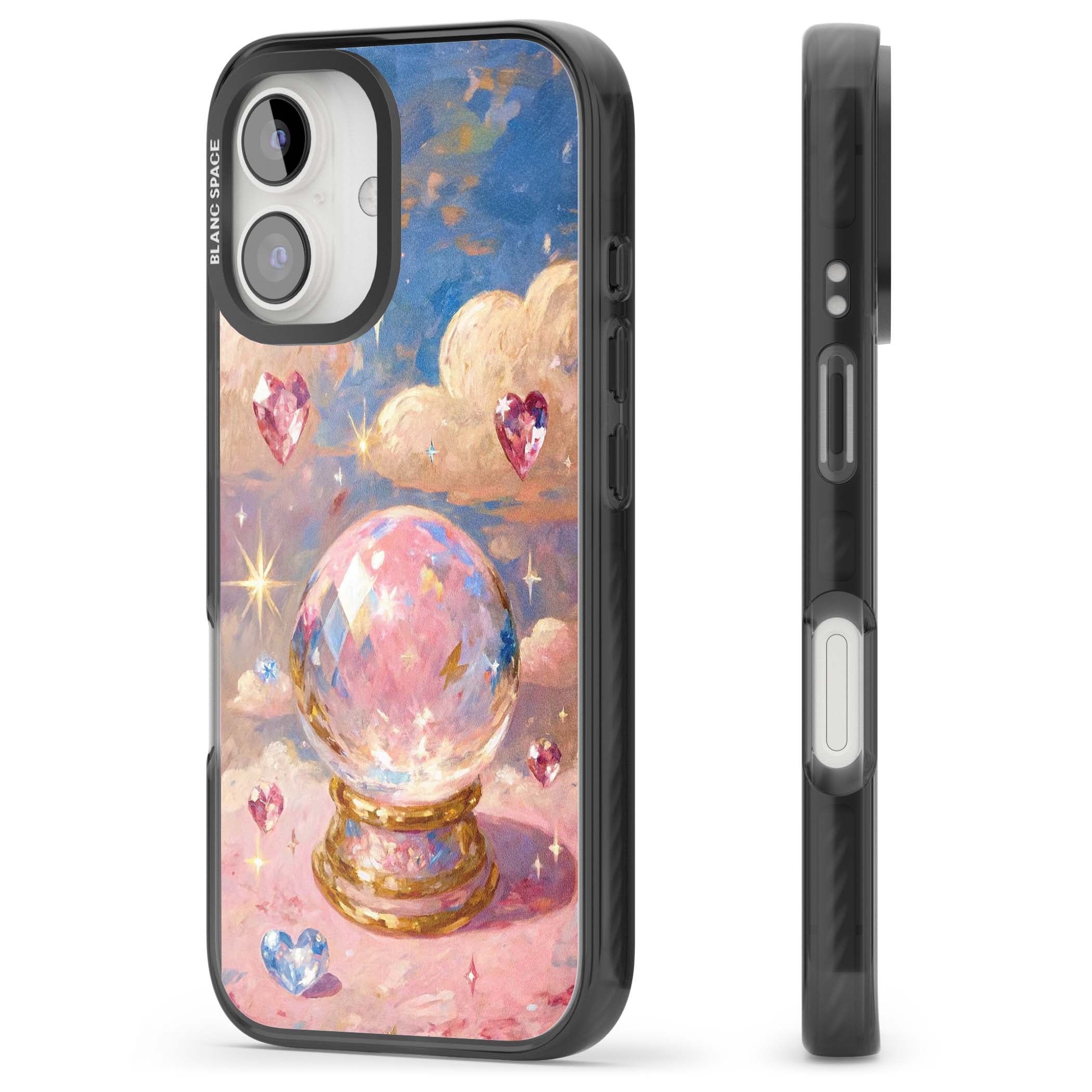 Crystal Ball fairycore iPhone case featuring a painted crystal ball, heart gemstones, and pastel clouds | Black Impact case for iPhone 16, iPhone 16 Plus