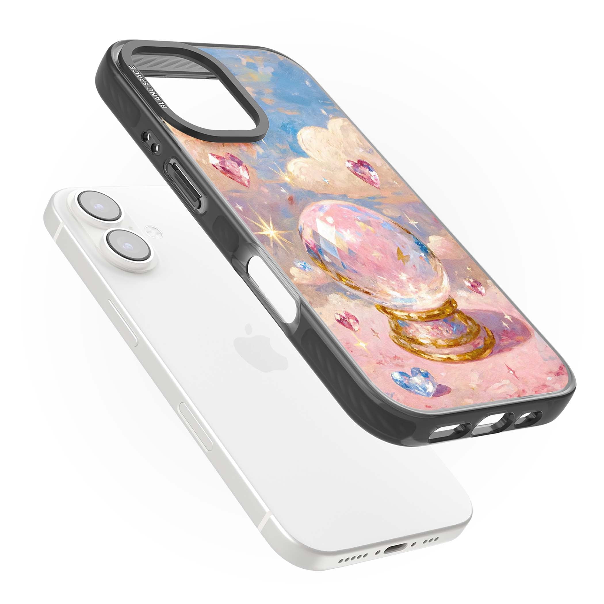 Crystal Ball fairycore iPhone case featuring a painted crystal ball, heart gemstones, and pastel clouds | Black Impact case for iPhone 16, iPhone 16 Plus