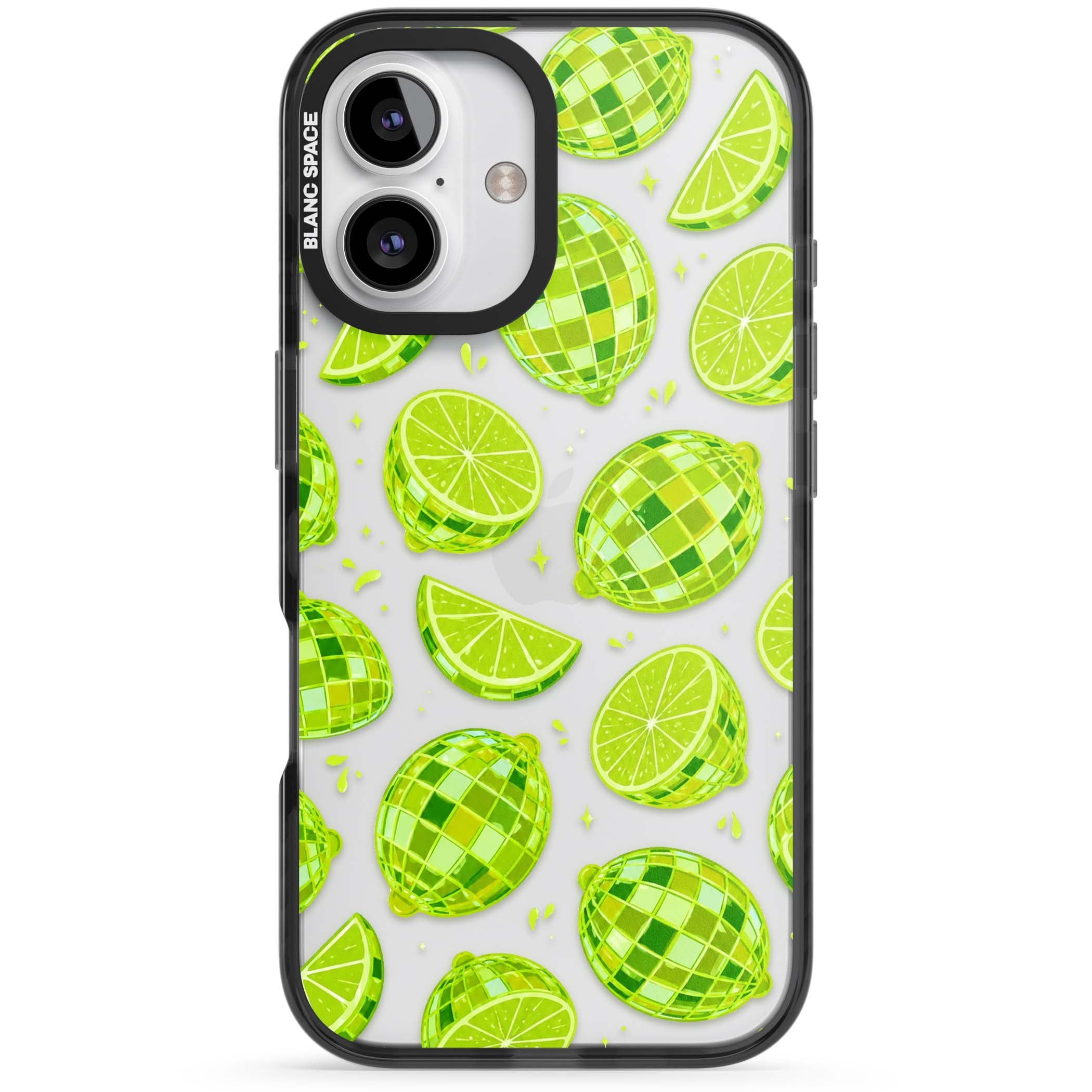 Disco Limes fruit aesthetic iPhone case featuring green disco balls, lime slices and citrus sparkles | Black Impact case for iPhone 16, iPhone 16 Plus
