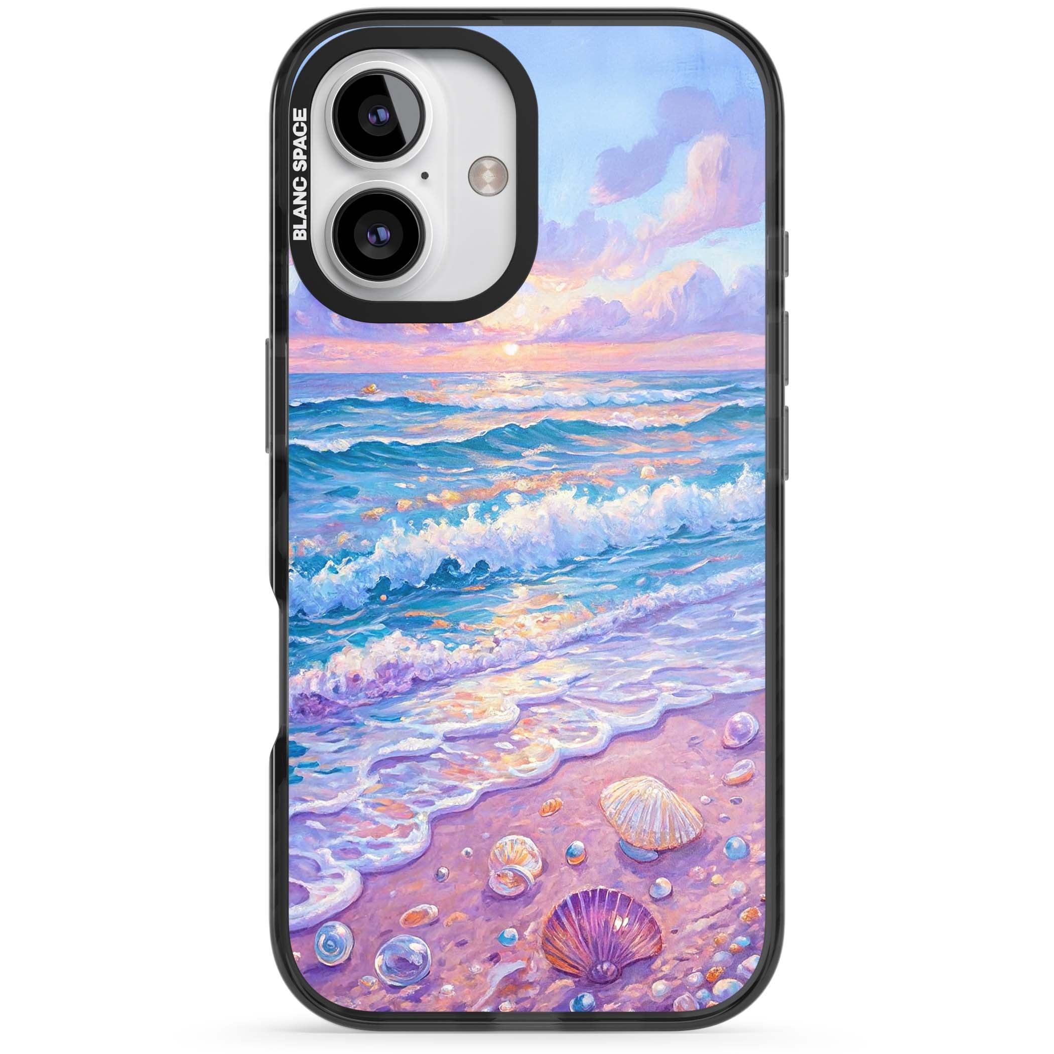 Pearl Shore coastal iPhone case featuring pastel painted waves, seashells, and a sunrise sky over a lavender beach. | Black Impact case for iPhone 16, iPhone 16 Plus