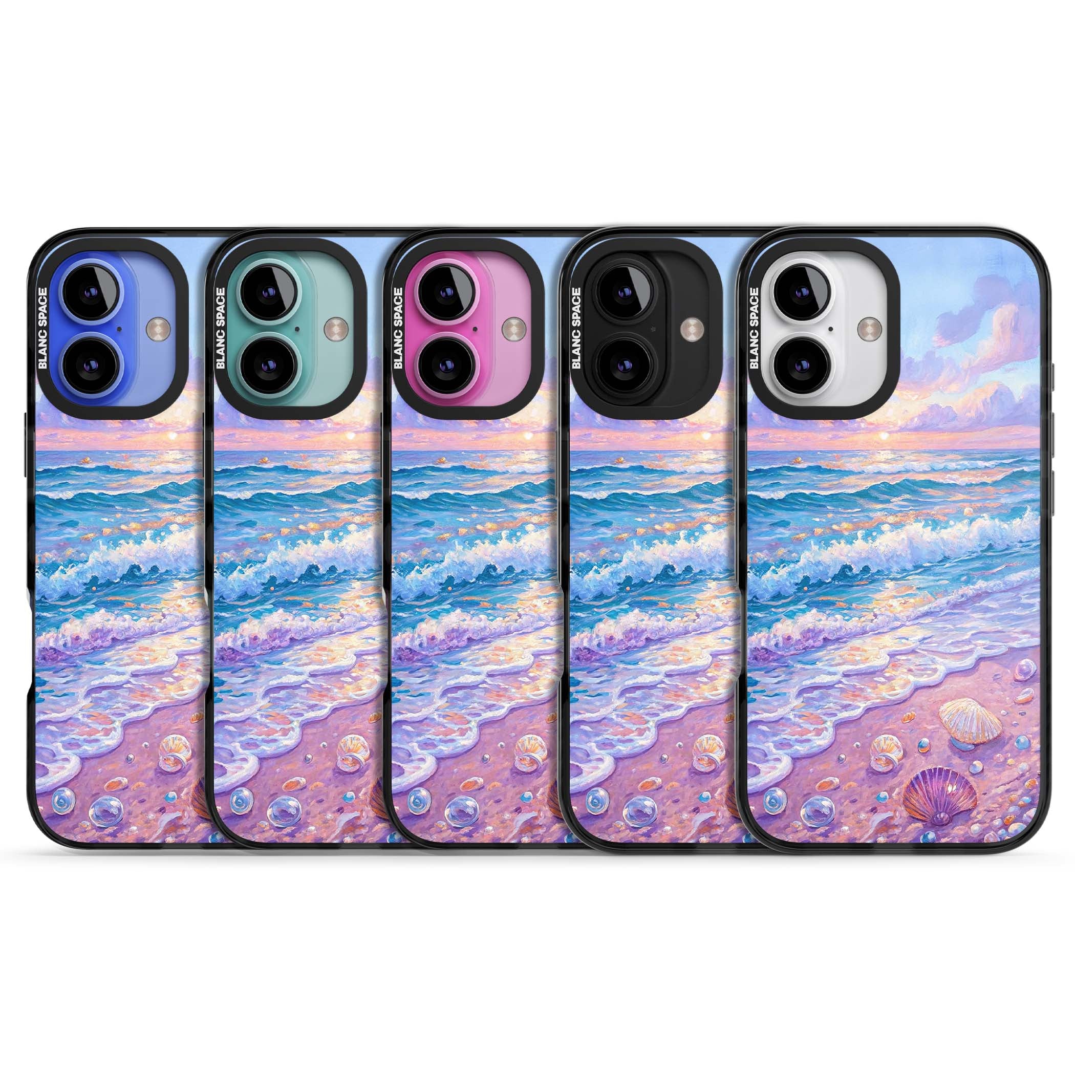 Pearl Shore coastal iPhone case featuring pastel painted waves, seashells, and a sunrise sky over a lavender beach. | Black Impact case for iPhone 16, iPhone 16 Plus