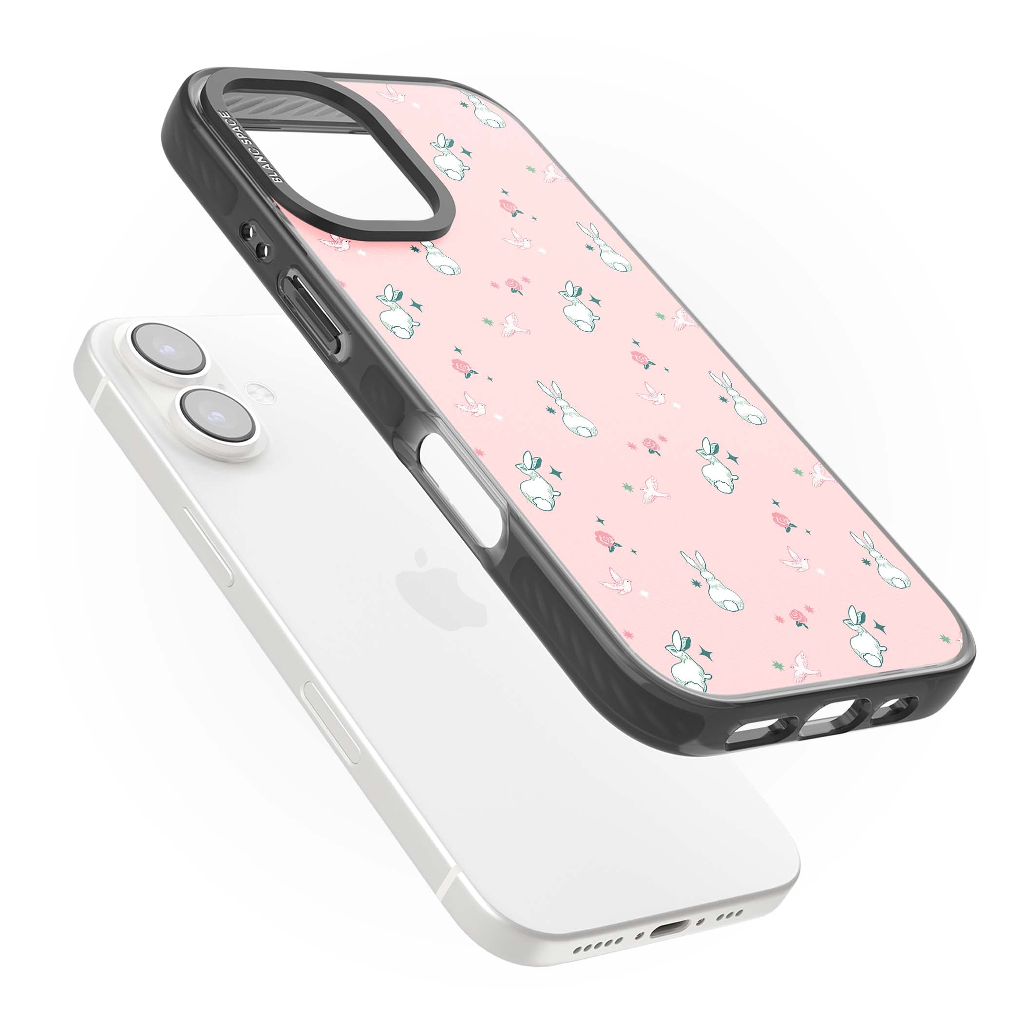 Bunny Garden kawaii iPhone case featuring white rabbits, pink roses, doves and stars on pink background | Black Impact case for iPhone 16, iPhone 16 Plus
