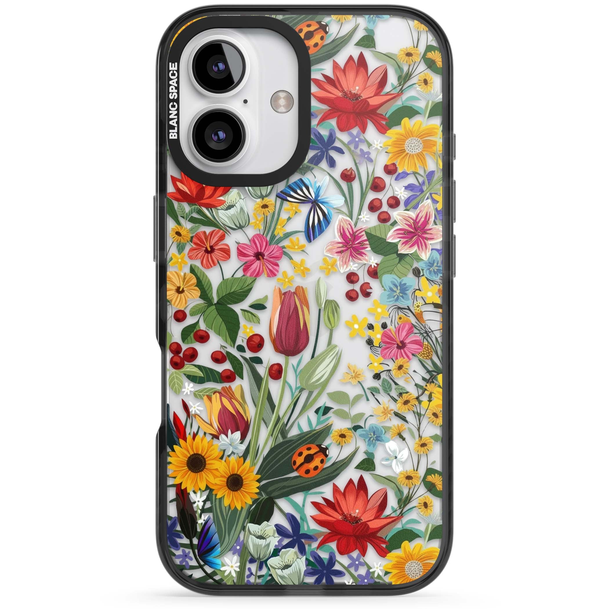 Botanical Bloom cottagecore iPhone case featuring colorful wildflowers, sunflowers, and ladybugs on clear background | Black Impact case for iPhone 16, iPhone 16 Plus