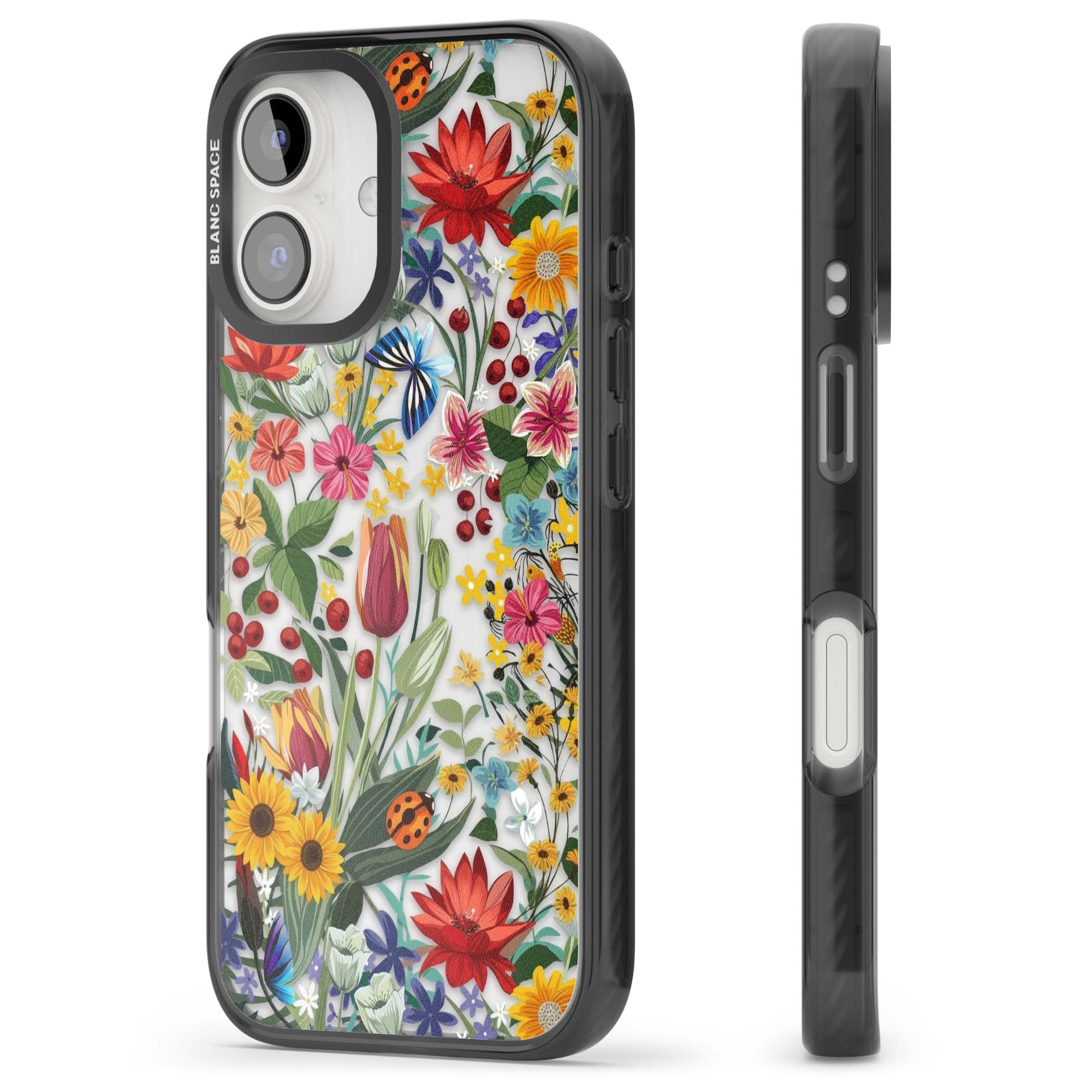 Botanical Bloom cottagecore iPhone case featuring colorful wildflowers, sunflowers, and ladybugs on clear background | Black Impact case for iPhone 16, iPhone 16 Plus