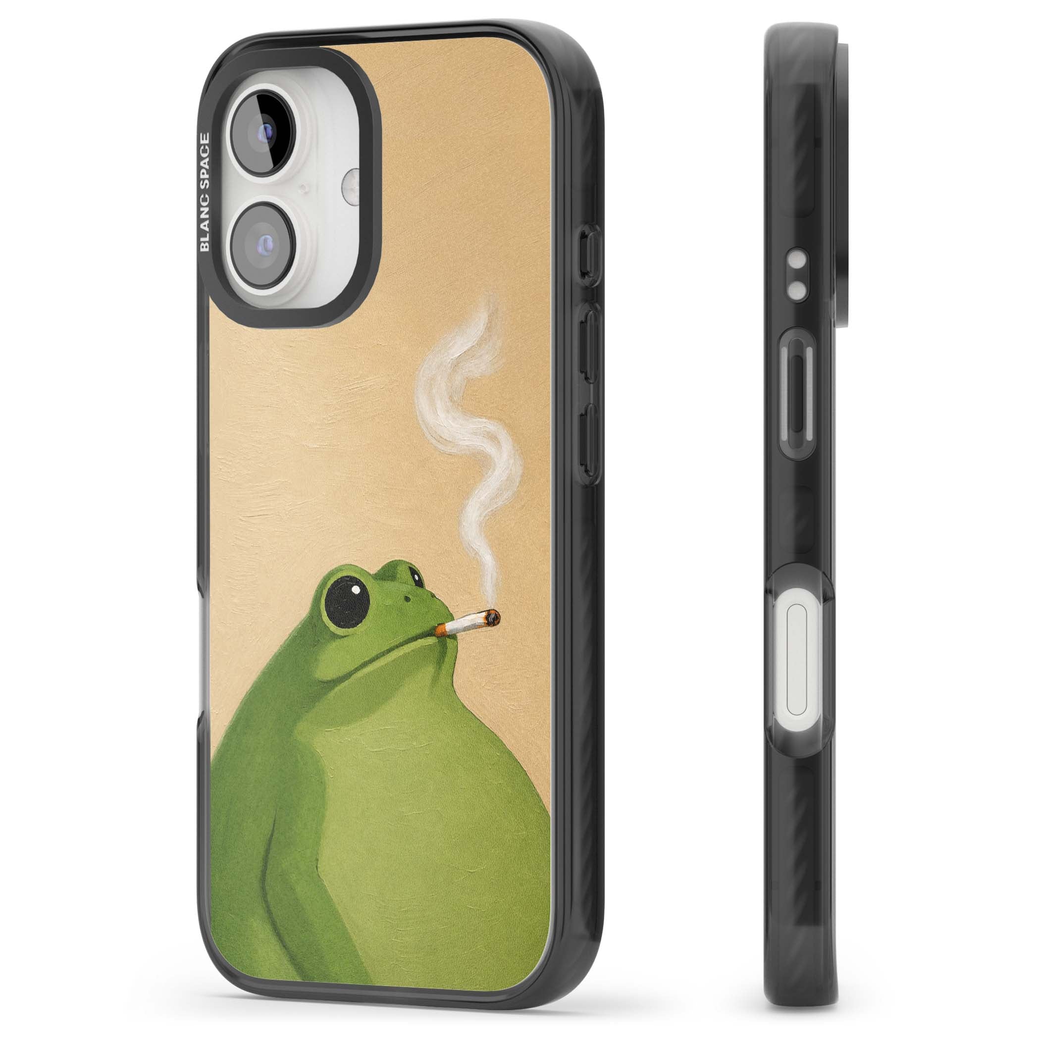 The Smoking Frog cottagecore iPhone case featuring a hand-painted green frog smoking a cigarette on a cream oil painting back | Black Impact case for iPhone 16, iPhone 16 Plus