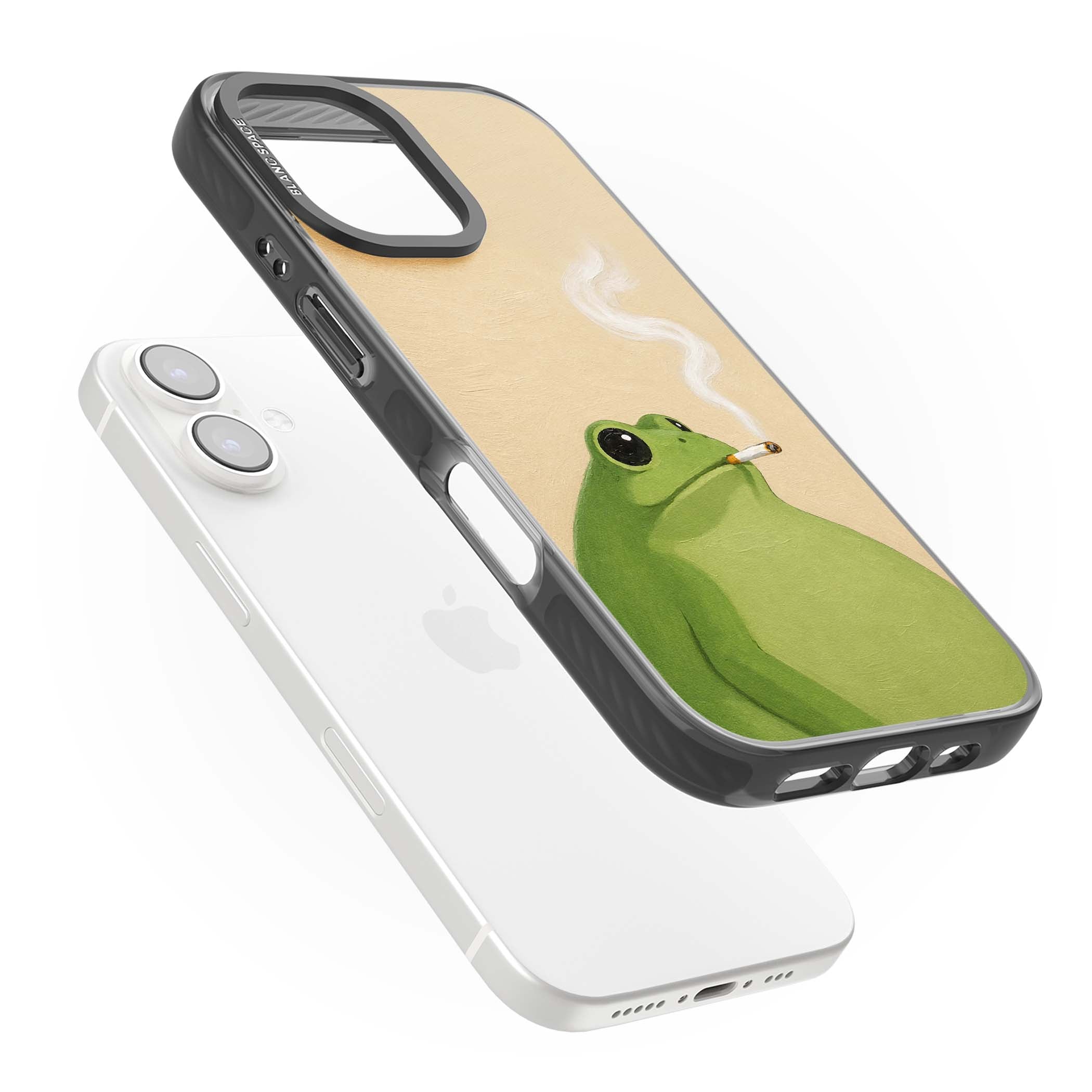 The Smoking Frog cottagecore iPhone case featuring a hand-painted green frog smoking a cigarette on a cream oil painting back | Black Impact case for iPhone 16, iPhone 16 Plus