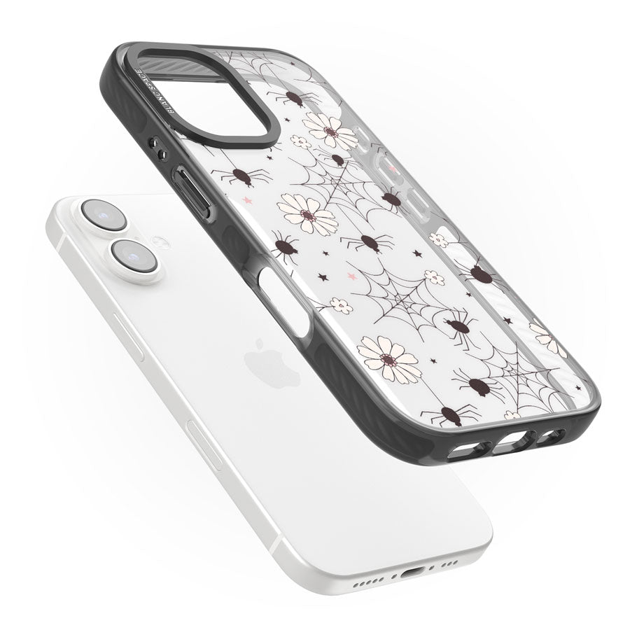 Spiders and Flowers Pattern Black Impact Phone Case for iPhone 16, iPhone 16 Plus